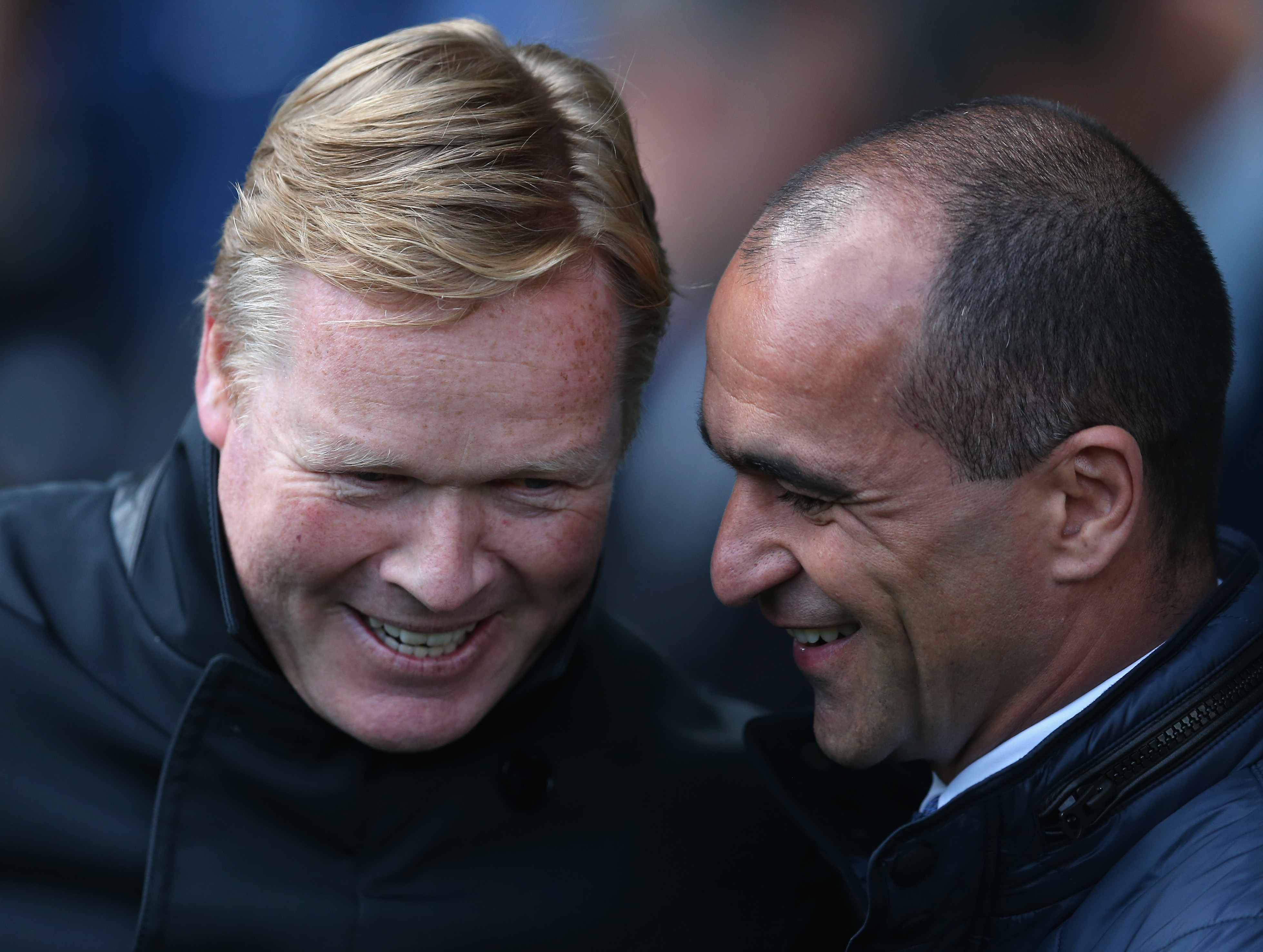 LIVERPOOL, ENGLAND - APRIL 16:  Roberto Martinez (R), manager of Everton greets Ronald Koeman, manager of Southampton during the Barclays Premier League match between Everton and Southampton at Goodison Park on April 16, 2016 in Liverpool, England.  (Photo by Chris Brunskill/Getty Images)