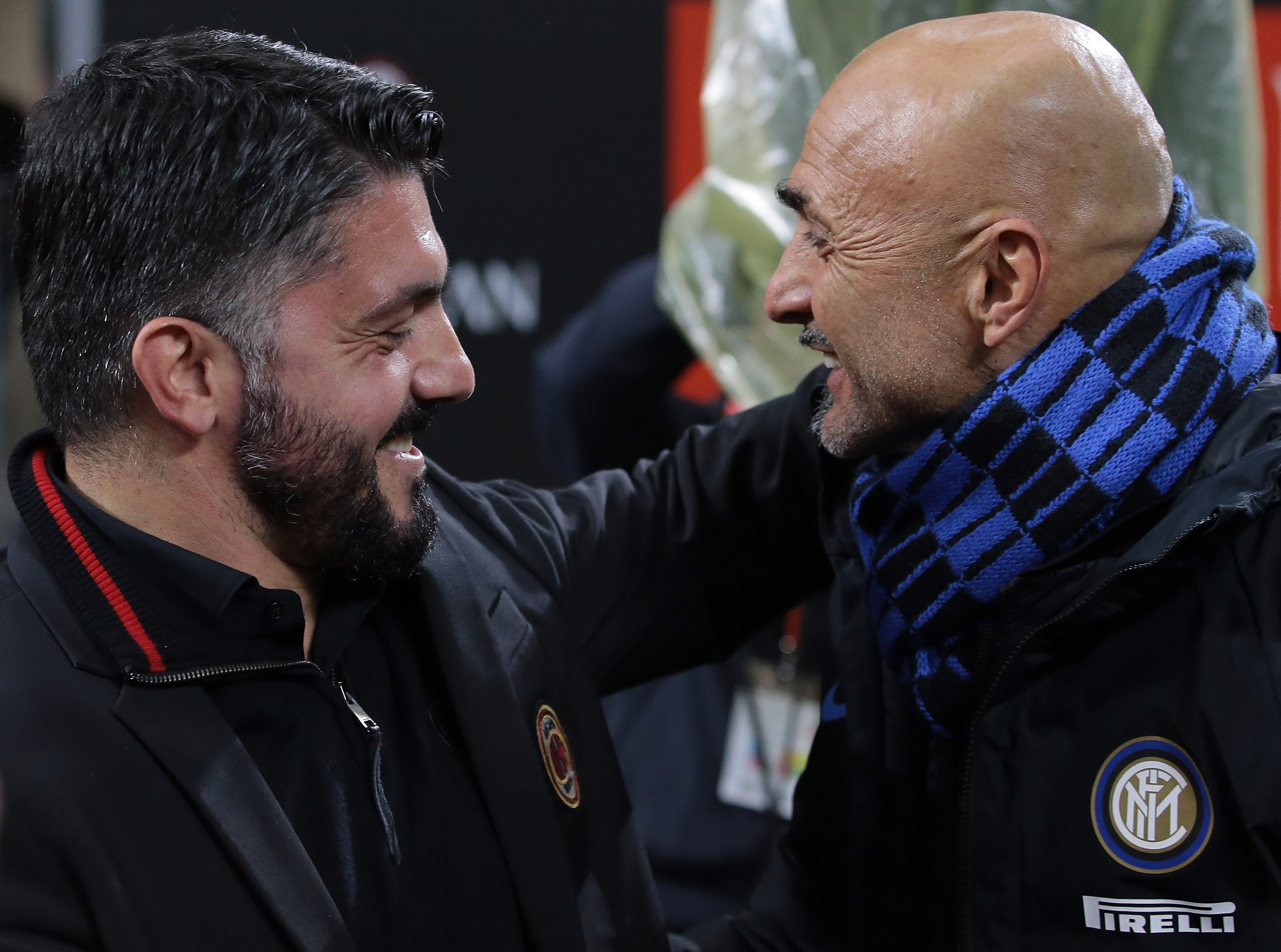 MILAN, ITALY - DECEMBER 27:  AC Milan coach Ivan Gennaro Gattuso (L) embraces FC Internazionale Milano coach Luciano Spalletti prior to the TIM Cup match between AC Milan and FC Internazionale at Stadio Giuseppe Meazza on December 27, 2017 in Milan, Italy.  (Photo by Emilio Andreoli/Getty Images)