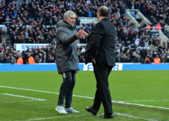 NEWCASTLE UPON TYNE, ENGLAND - FEBRUARY 11:  Jose Mourinho, Manager of Manchester United and Rafael Benitez, Manager of Newcastle United shake hands after the Premier League match between Newcastle United and Manchester United at St. James Park on February 11, 2018 in Newcastle upon Tyne, England.  (Photo by Mark Runnacles/Getty Images)