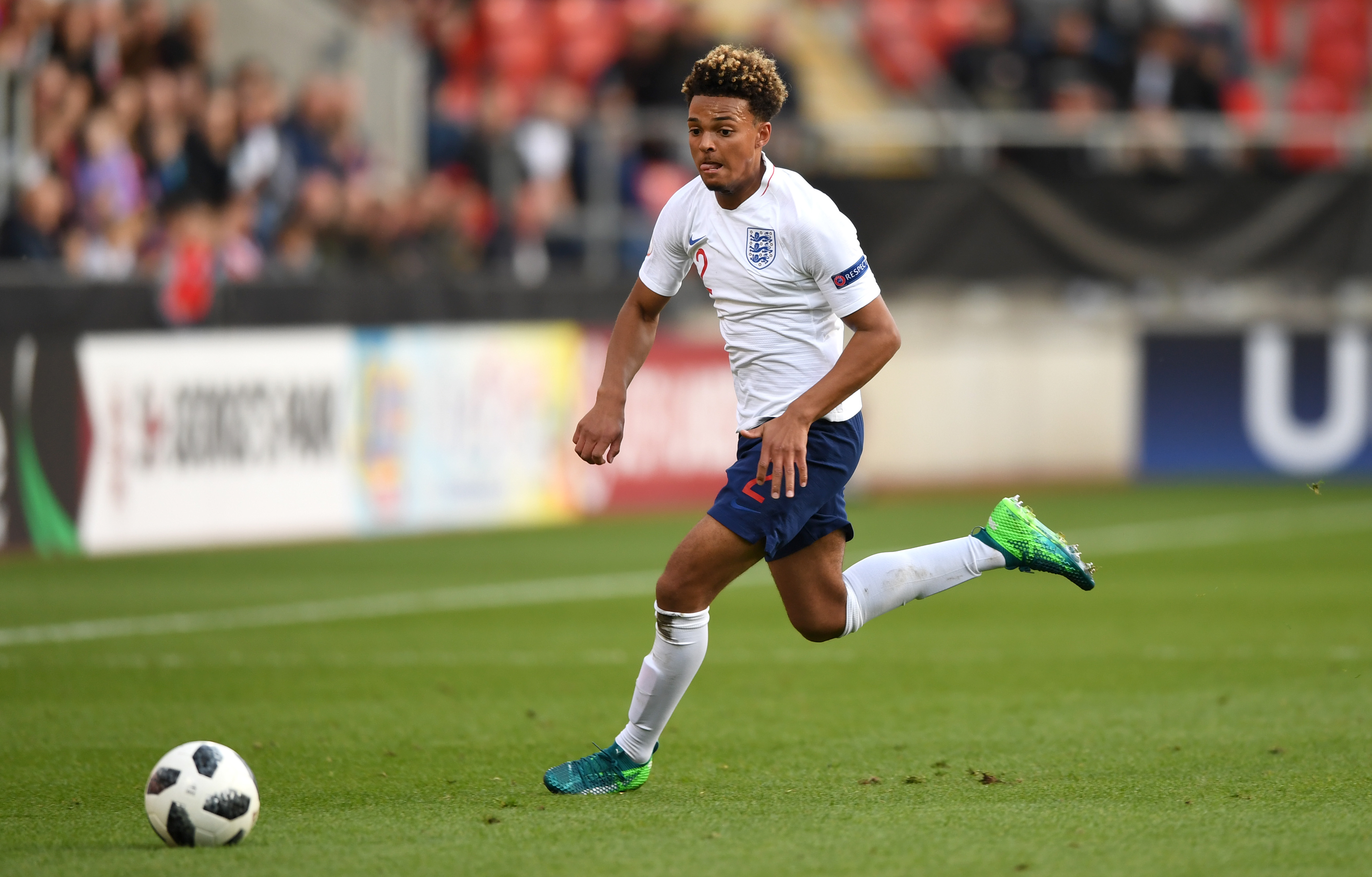 ROTHERHAM, ENGLAND - MAY 10:  Dylan Crowe of England during the UEFA European Under-17 Championship match between Switzerland and England at The New York Stadium on May 10, 2018 in Rotherham, England.  (Photo by Gareth Copley/Getty Images)