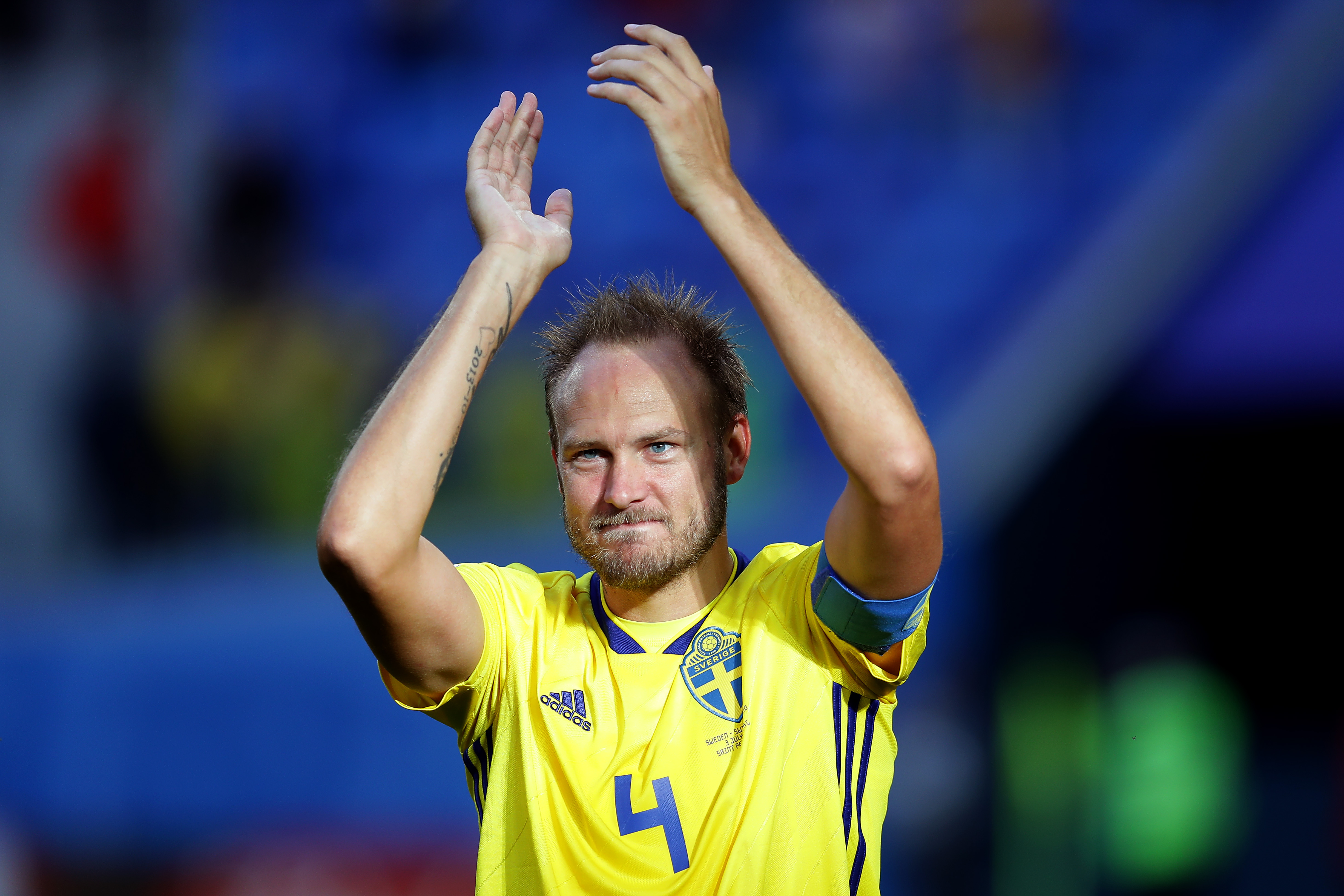 SAINT PETERSBURG, NULL - JULY 03:  Andreas Granqvist of Sweden celebrates following his sides victory in the 2018 FIFA World Cup Russia Round of 16 match between Sweden and Switzerland at Saint Petersburg Stadium on July 3, 2018 in Saint Petersburg, Russia.  (Photo by Richard Heathcote/Getty Images)