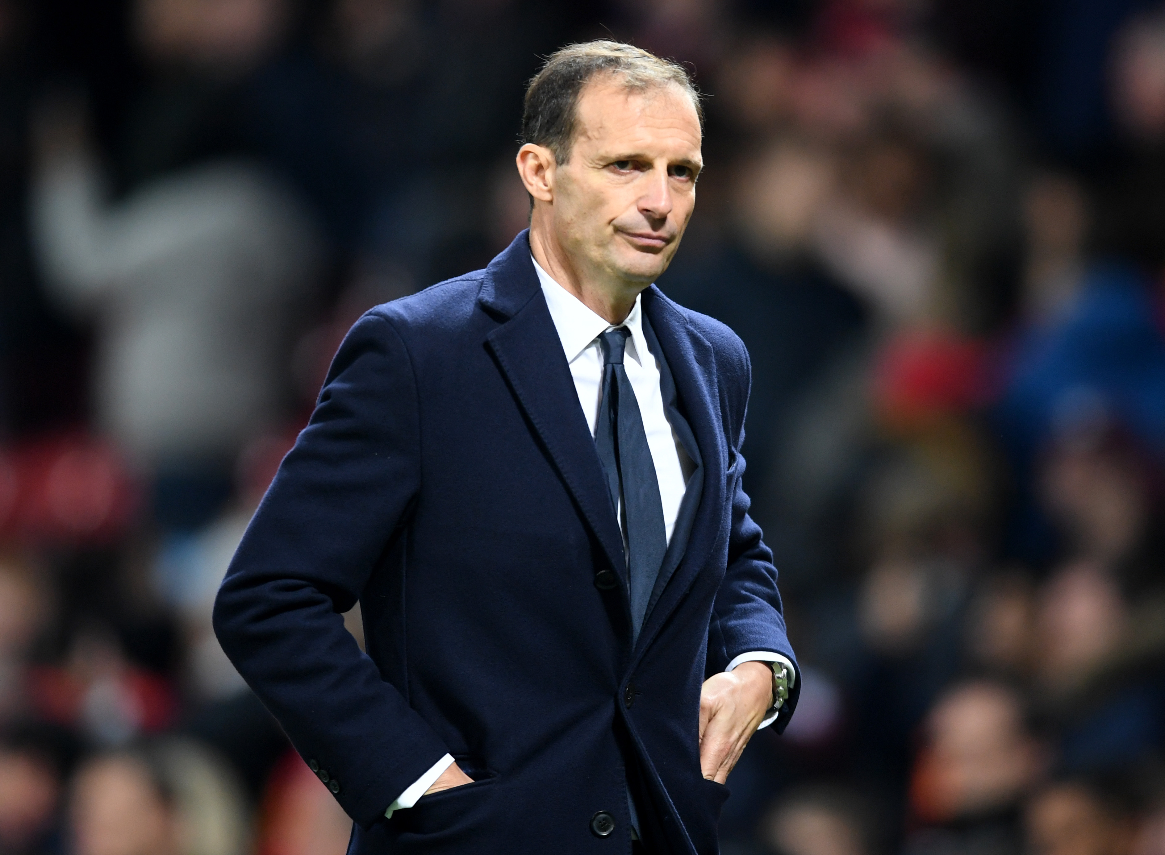 MANCHESTER, ENGLAND - OCTOBER 23: Massimiliano Allegri, Manager of Juventus reacts following thethe Group H match of the UEFA Champions League between Manchester United and Juventus at Old Trafford on October 23, 2018 in Manchester, United Kingdom.  (Photo by Michael Regan/Getty Images)