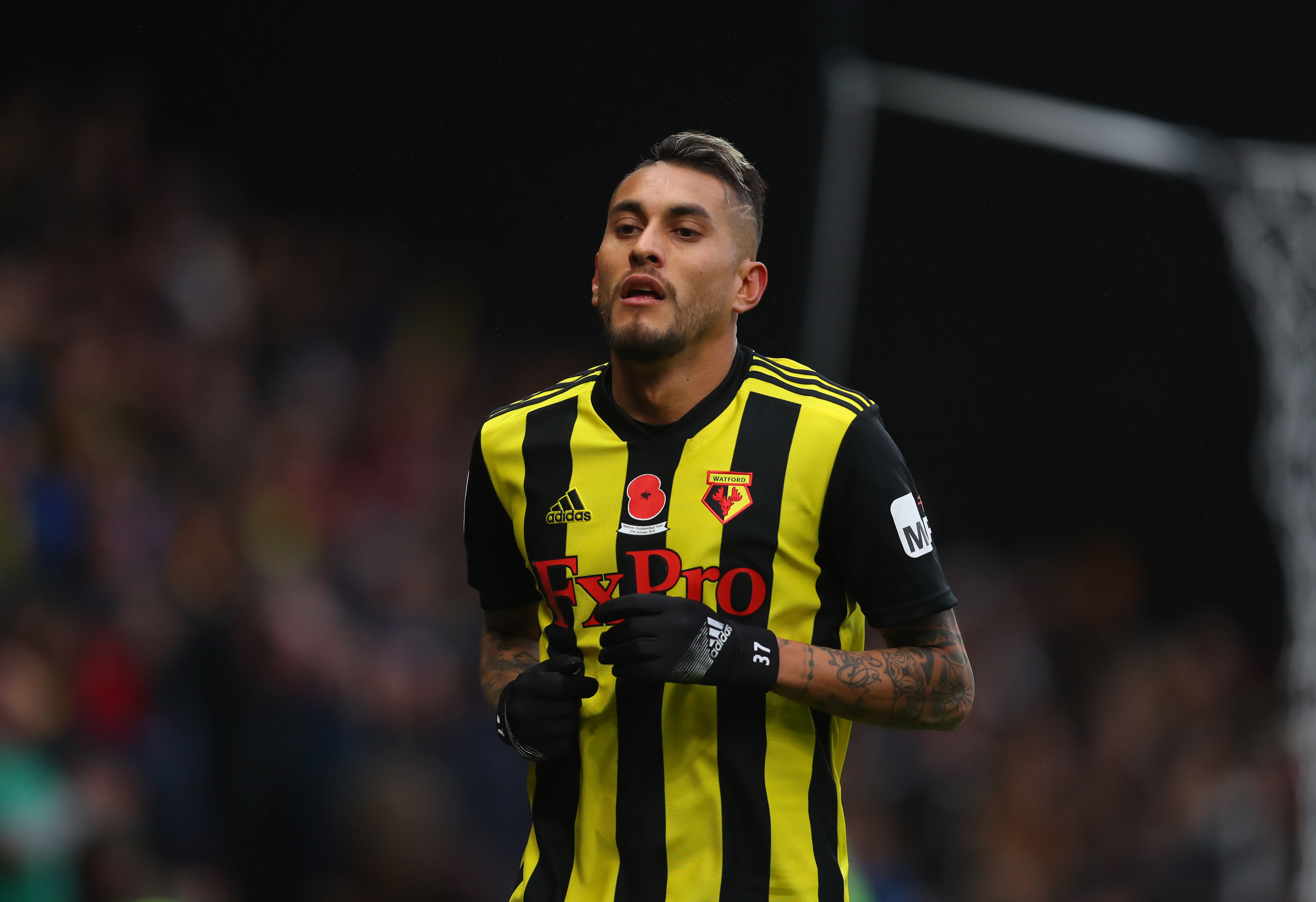 WATFORD, ENGLAND - OCTOBER 27: Roberto Pereyra of Watford during the Premier League match between Watford FC and Huddersfield Town at Vicarage Road on October 27, 2018 in Watford, United Kingdom. (Photo by Catherine Ivill/Getty Images)