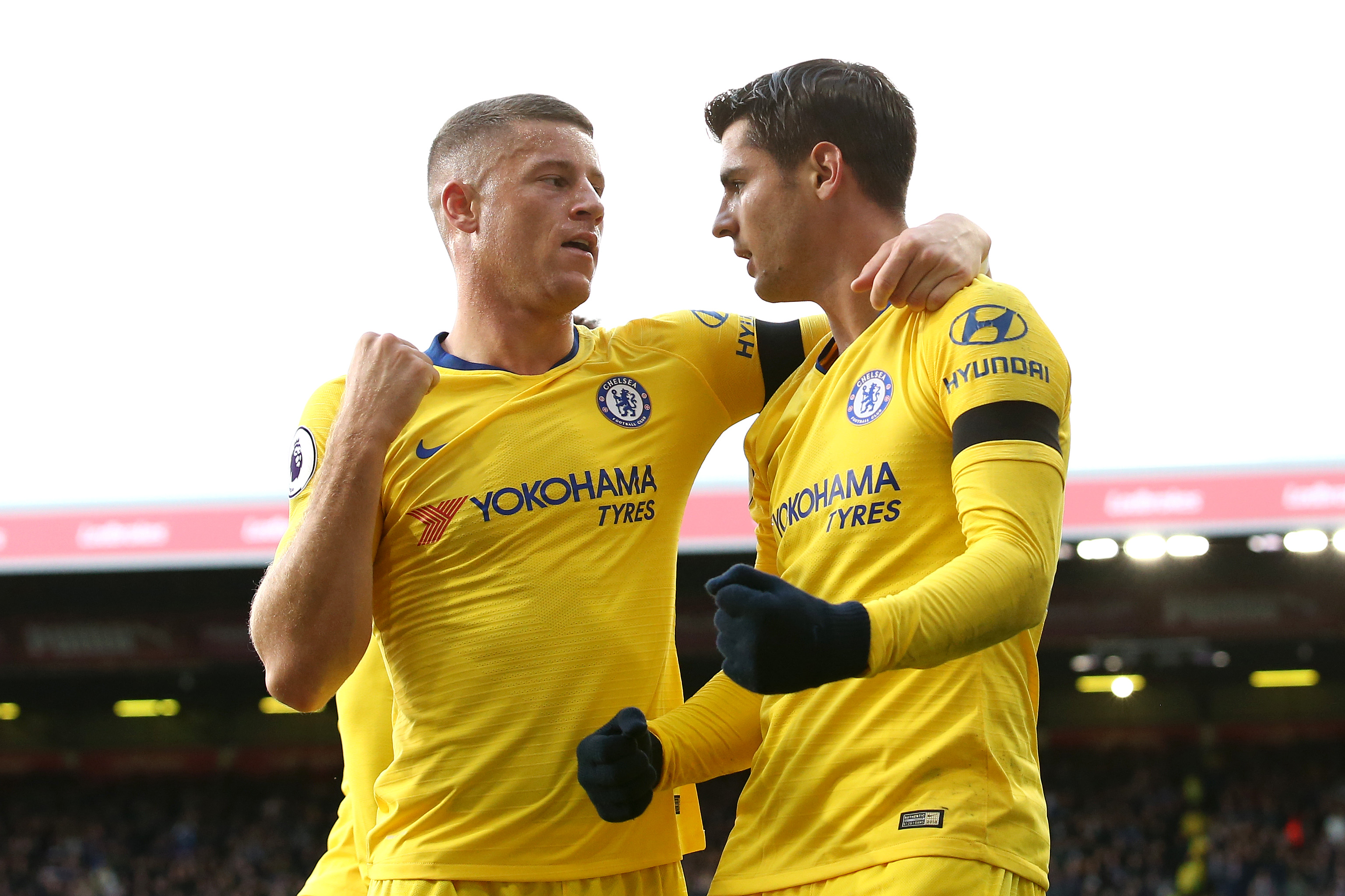 BURNLEY, ENGLAND - OCTOBER 28:  Alvaro Morata of Chelsea celebrates with Ross Barkley after scoring his teams first goal during the Premier League match between Burnley FC and Chelsea FC at Turf Moor on October 28, 2018 in Burnley, United Kingdom.  (Photo by Jan Kruger/Getty Images)
