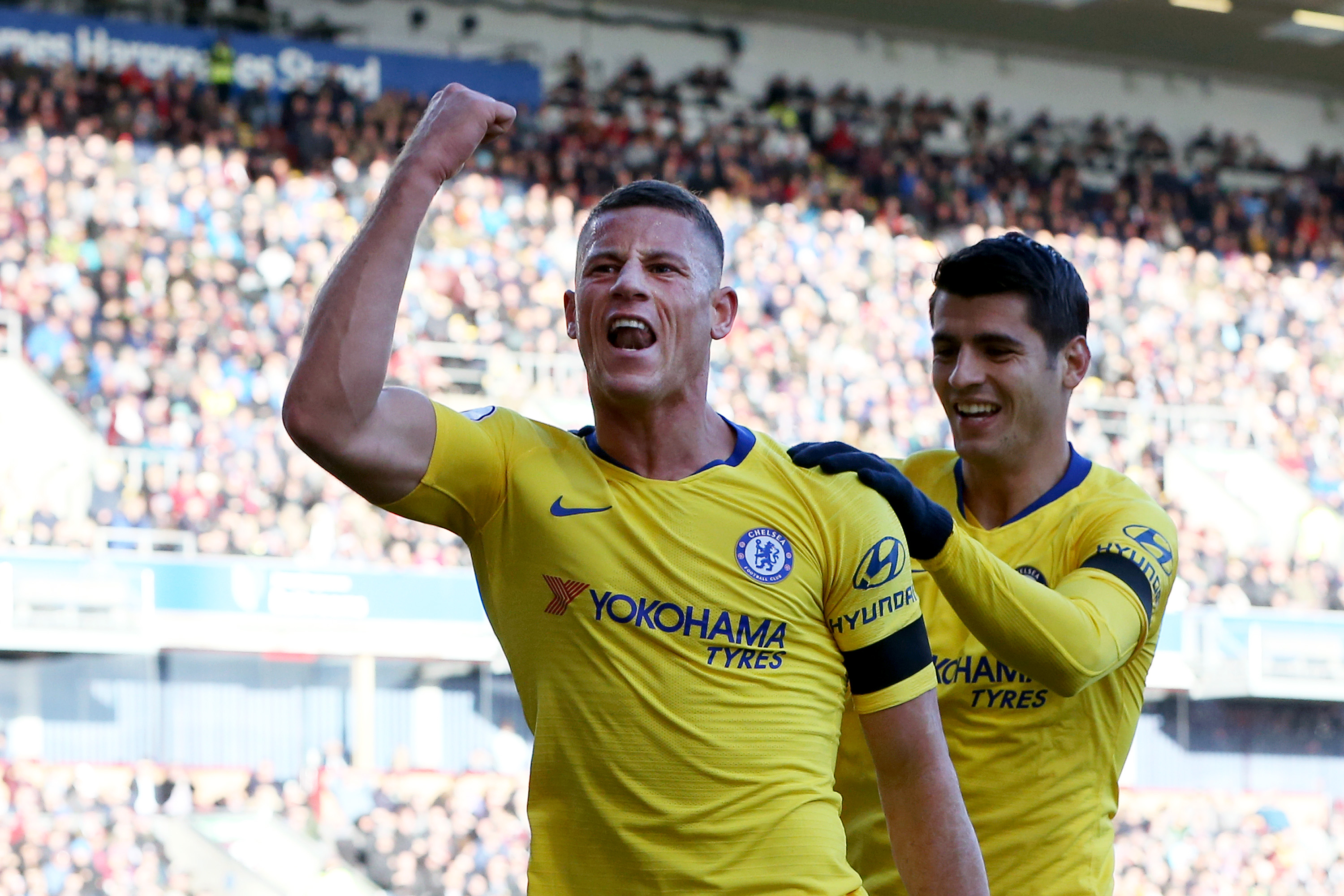 BURNLEY, ENGLAND - OCTOBER 28:  Ross Barkley of Chelsea celebrates scoring his teams second goal with Alvaro Morata during the Premier League match between Burnley FC and Chelsea FC at Turf Moor on October 28, 2018 in Burnley, United Kingdom.  (Photo by Nigel Roddis/Getty Images)