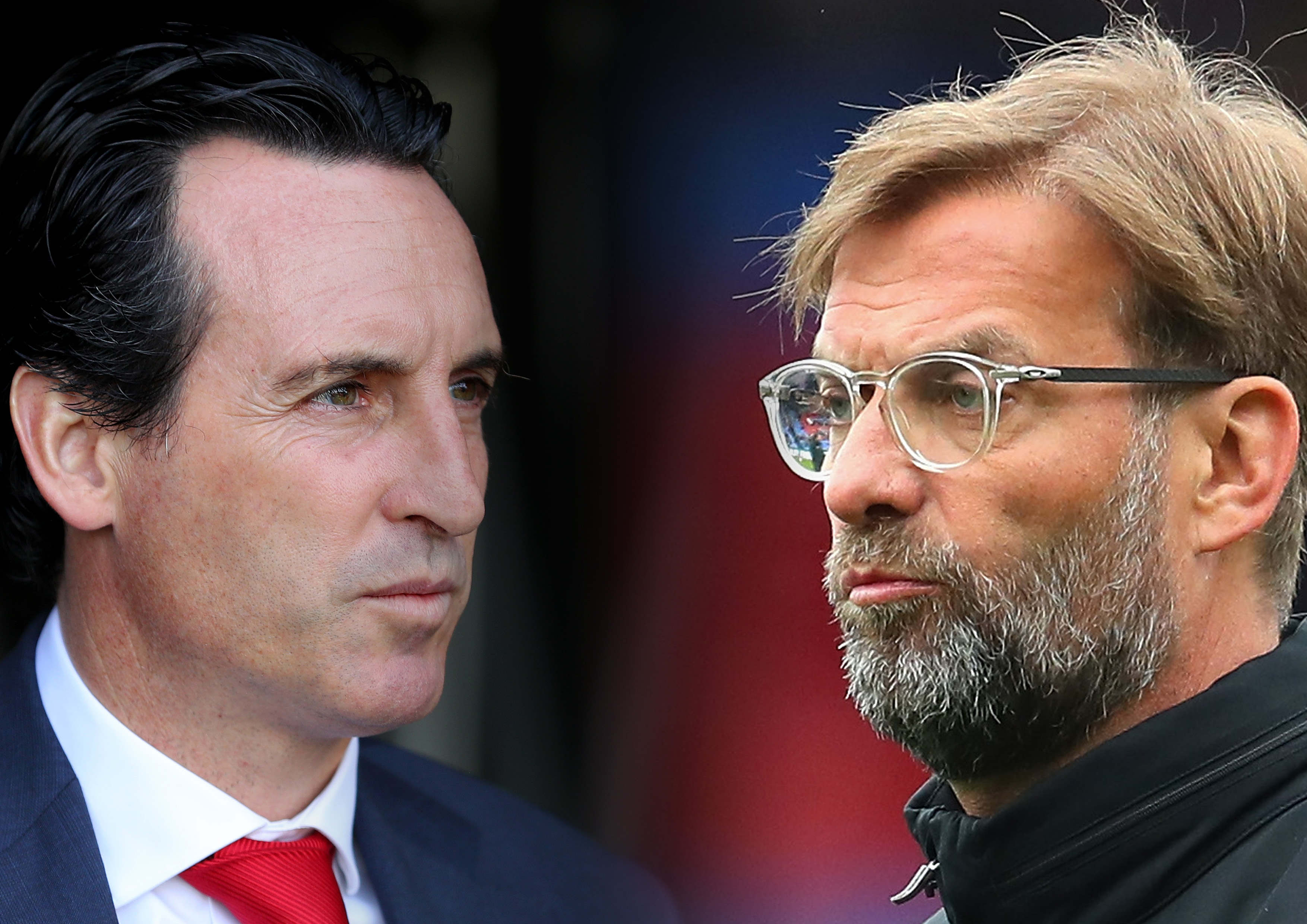 FILE PHOTO (EDITORS NOTE: COMPOSITE OF IMAGES - Image numbers 1046987928,940547396 - GRADIENT ADDED) In this composite image a comparison has been made between Unai Emery, Manager of Arsenal  (L) and Jurgen Klopp, Manager of Liverpool. Arsenal FC and Liverpool FC meet in a Premier League match on November 3, 2018  at the Emirates Stadium in London.   ***LEFT IMAGE*** LONDON, ENGLAND - OCTOBER 07: Unai Emery, Manager of Arsenal looks out the tunnel ahead of the Premier League match between Fulham FC and Arsenal FC at Craven Cottage on October 7, 2018 in London, United Kingdom. (Photo by Catherine Ivill/Getty Images) ***RIGHT IMAGE*** LONDON, ENGLAND - MARCH 31: Jurgen Klopp, Manager of Liverpool looks on as his team warm up prior to the Premier League match between Crystal Palace and Liverpool at Selhurst Park on March 31, 2018 in London, England. (Photo by Catherine Ivill/Getty Images)