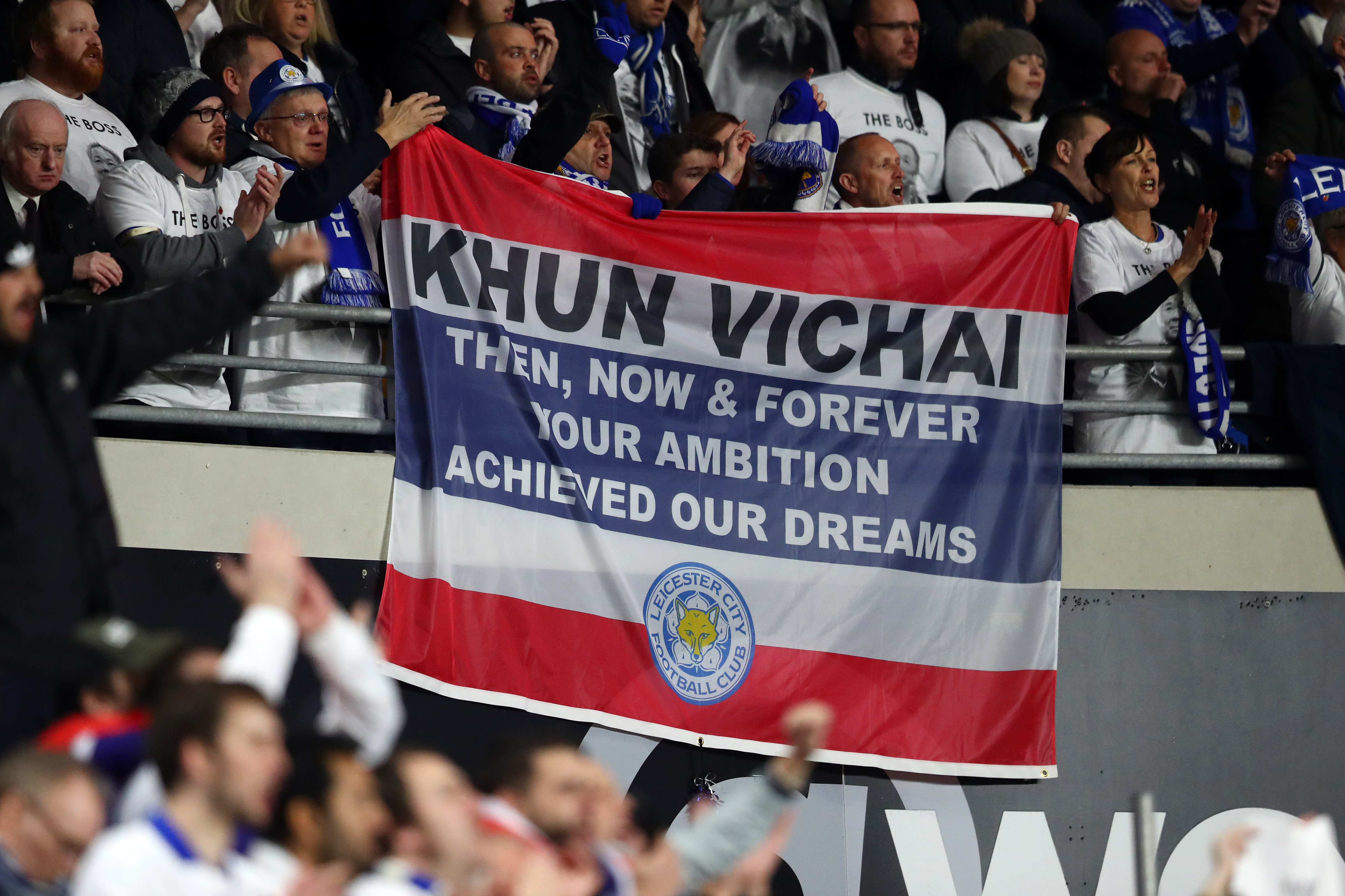 CARDIFF, WALES - NOVEMBER 03: Leicester City fans holds up a commemorative banner for Vichai Srivaddhanaprabha after the Premier League match between Cardiff City and Leicester City at Cardiff City Stadium on November 3, 2018 in Cardiff, United Kingdom.  (Photo by Michael Steele/Getty Images)