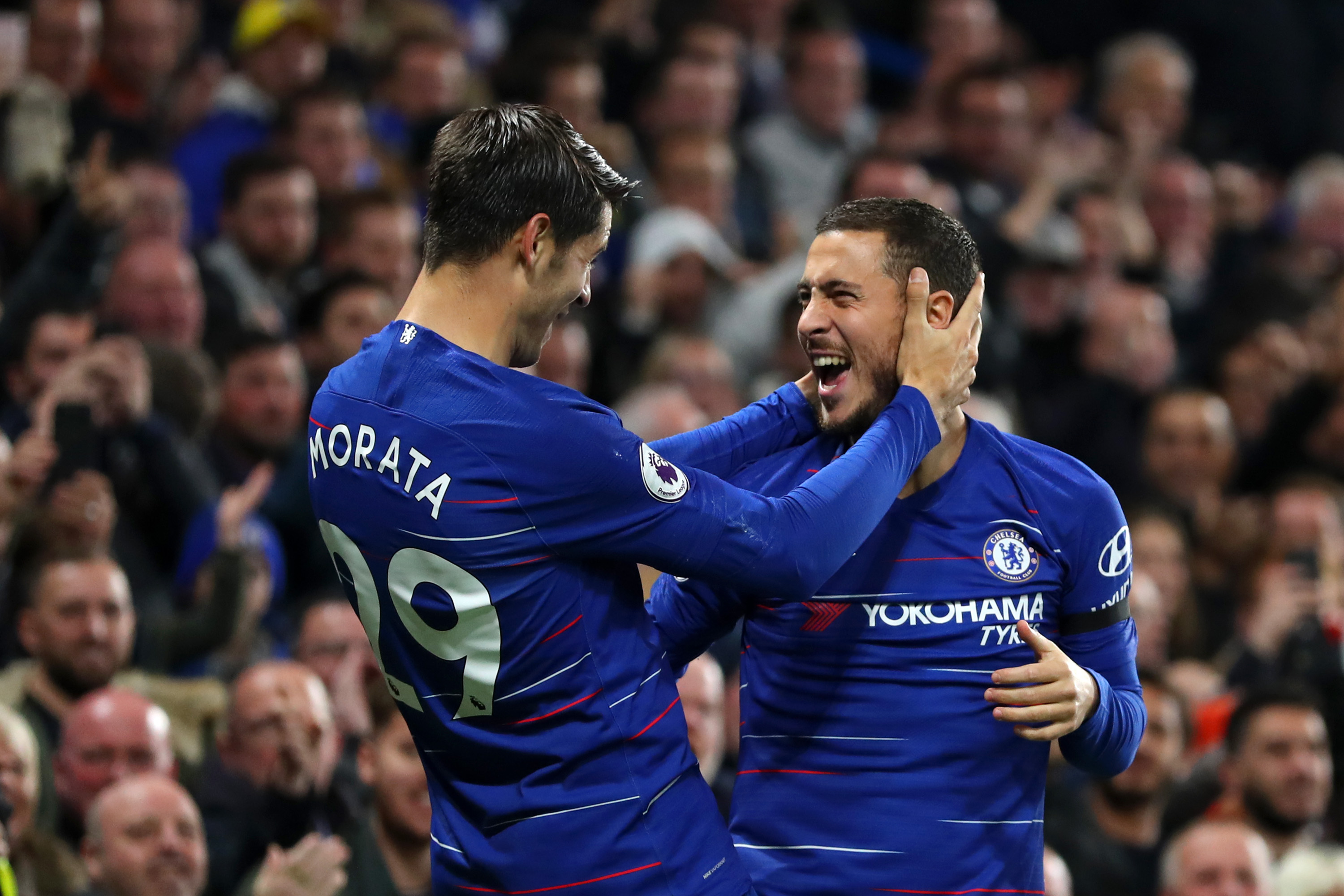 LONDON, ENGLAND - NOVEMBER 04:  Alvaro Morata of Chelsea celebrates with teammate Eden Hazard after scoring his team's second goal during the Premier League match between Chelsea FC and Crystal Palace at Stamford Bridge on November 4, 2018 in London, United Kingdom.  (Photo by Catherine Ivill/Getty Images)