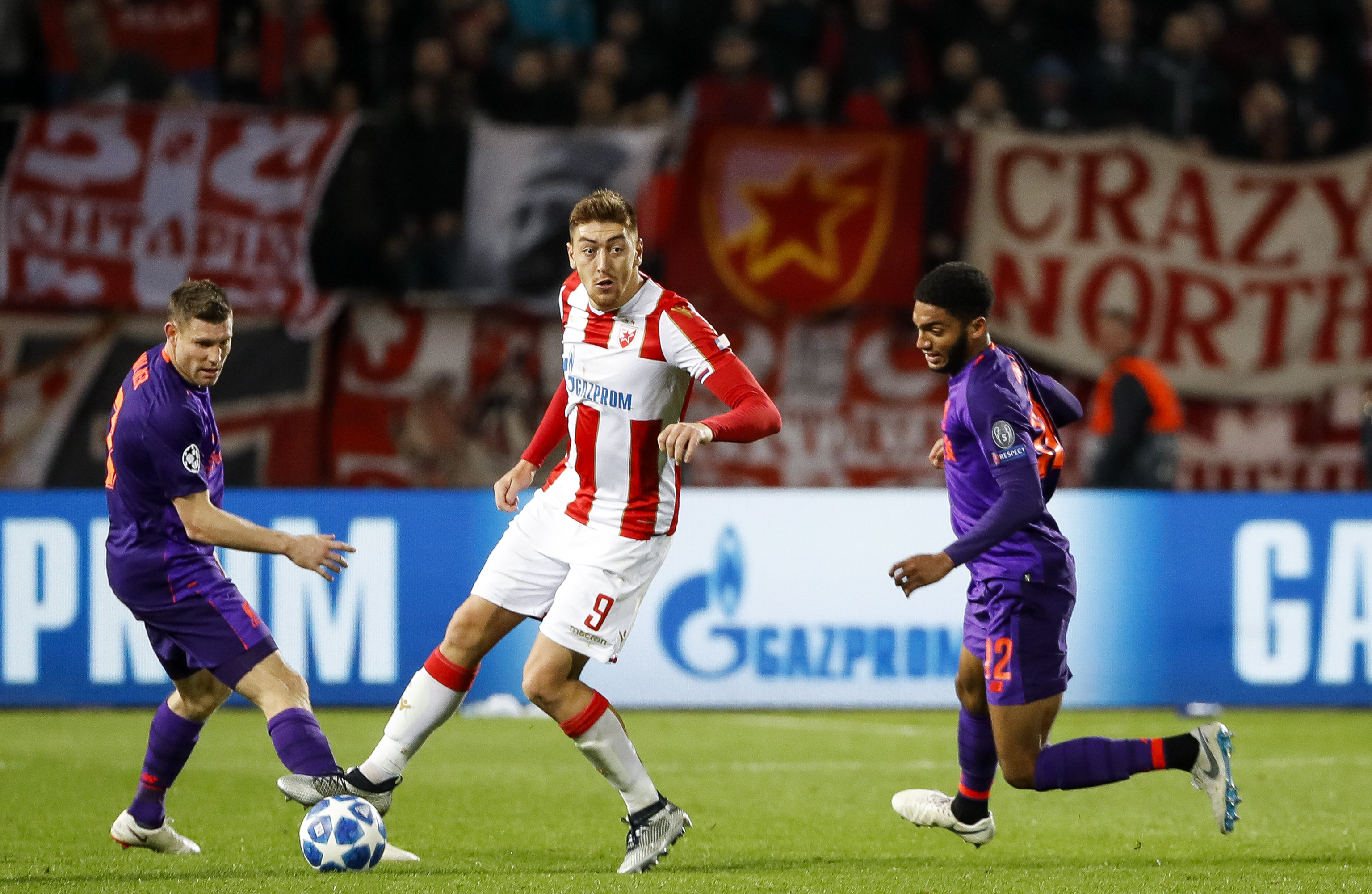 BELGRADE, SERBIA - NOVEMBER 06: Milan Pavkov (C) of Crvena Zvezda in action against Joe Gomez (R) and James Milner (L) of Liverpool during the Group C match of the UEFA Champions League between Red Star Belgrade and Liverpool at Rajko Mitic Stadium on November 06, 2018 in Belgrade, Serbia. (Photo by Srdjan Stevanovic/Getty Images)