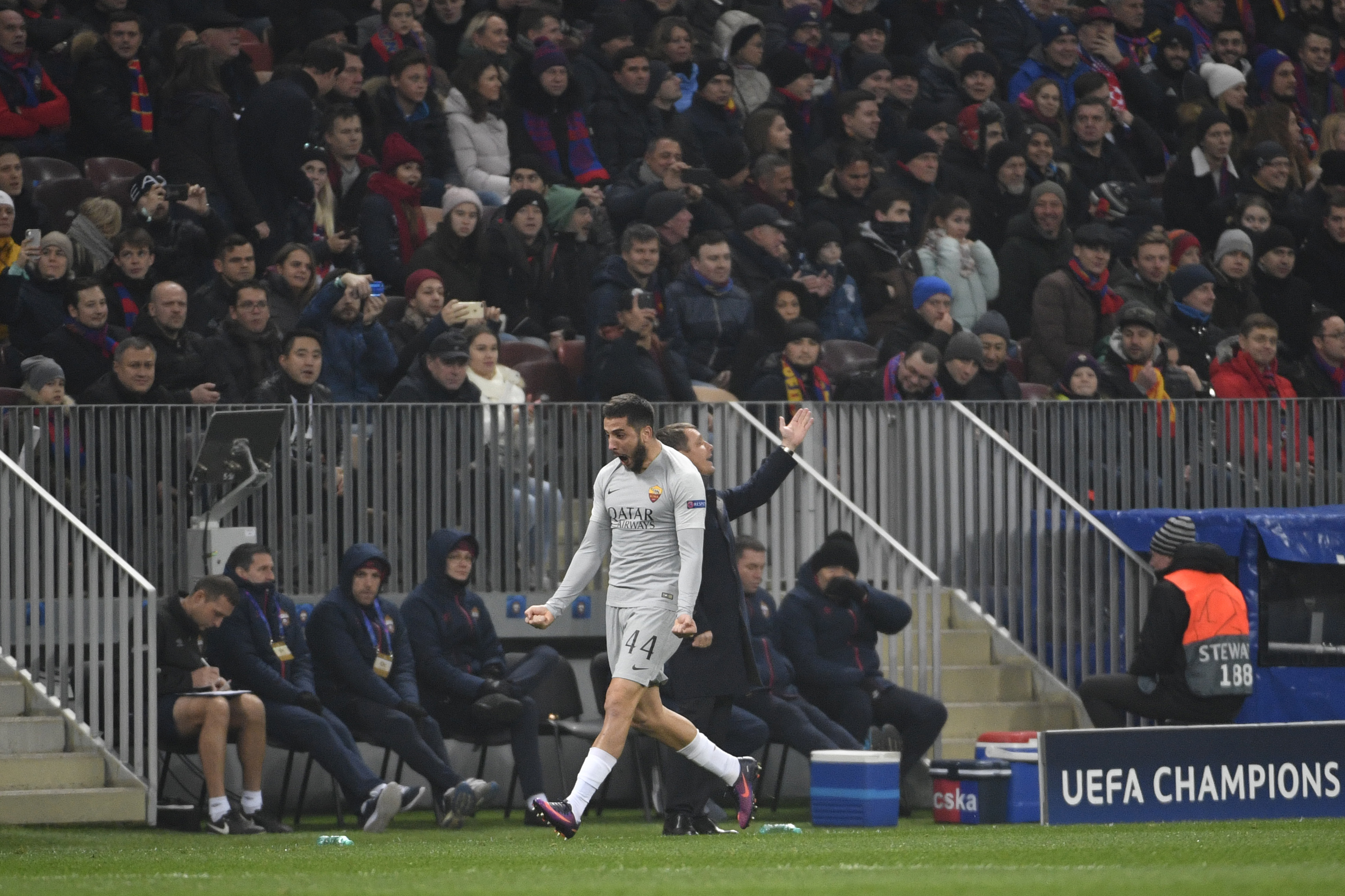AS Roma Greek defender Konstantinos Manolas celebrates after scoring a goal during the UEFA Champions League group G football match between PFC CSKA Moscow and AS Roma at the Luzhniki stadium in Moscow on November 7, 2018. (Photo by Alexander NEMENOV / AFP)        (Photo credit should read ALEXANDER NEMENOV/AFP/Getty Images)