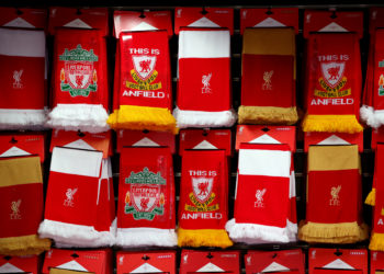 LIVERPOOL, ENGLAND - NOVEMBER 11: Merchandise is seen for sale prior to the Premier League match between Liverpool FC and Fulham FC at Anfield on November 11, 2018 in Liverpool, United Kingdom.  (Photo by Alex Livesey/Getty Images)