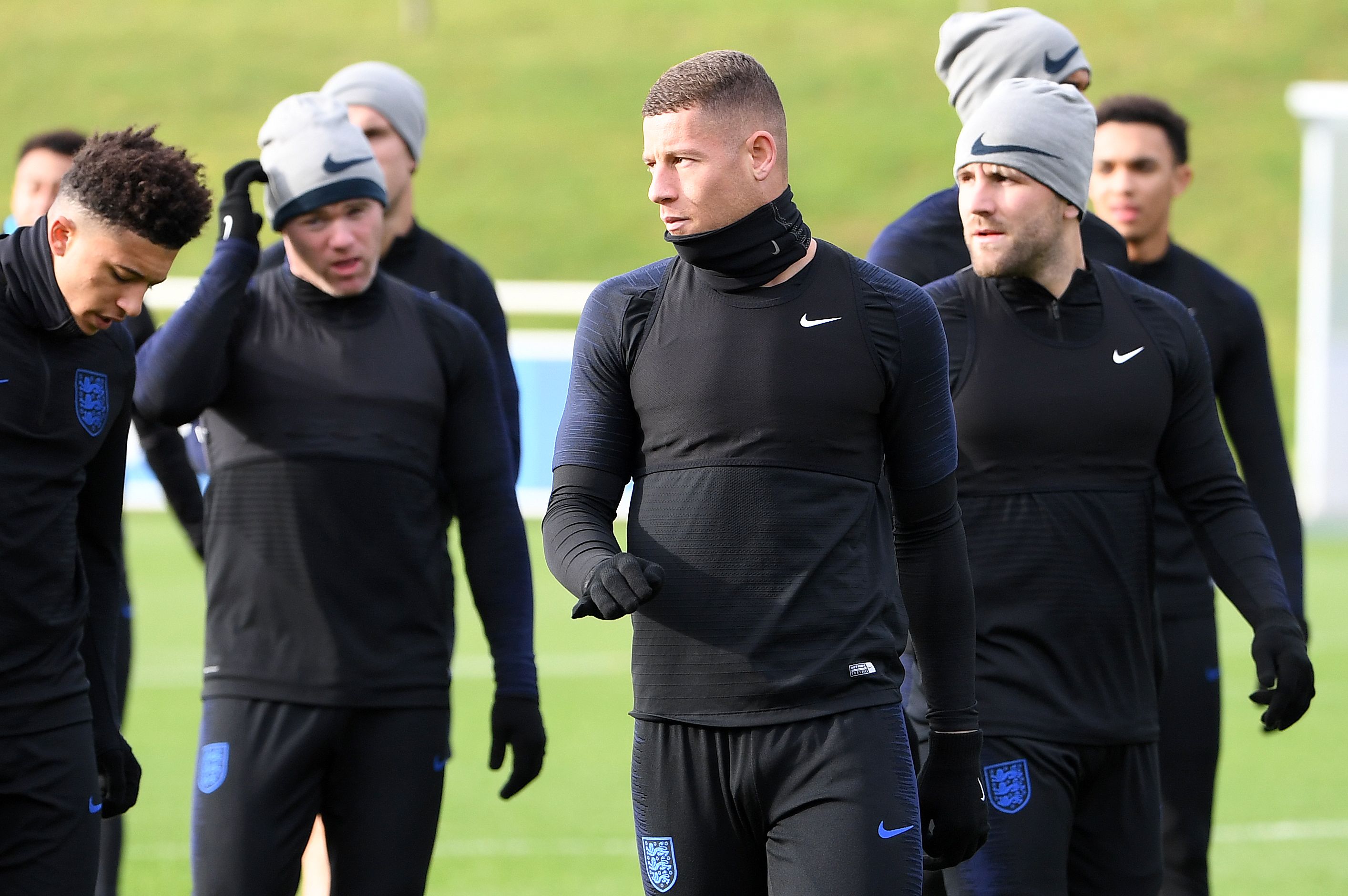 England's striker Wayne Rooney (2L) and England's midfielder Ross Barkley (C) attend a England team training session at St George's Park in Burton-on-Trent, central England on November 14, 2018, ahead of their international friendly football match against the USA on November 15. (Photo by Paul ELLIS / AFP) / NOT FOR MARKETING OR ADVERTISING USE / RESTRICTED TO EDITORIAL USE        (Photo credit should read PAUL ELLIS/AFP/Getty Images)