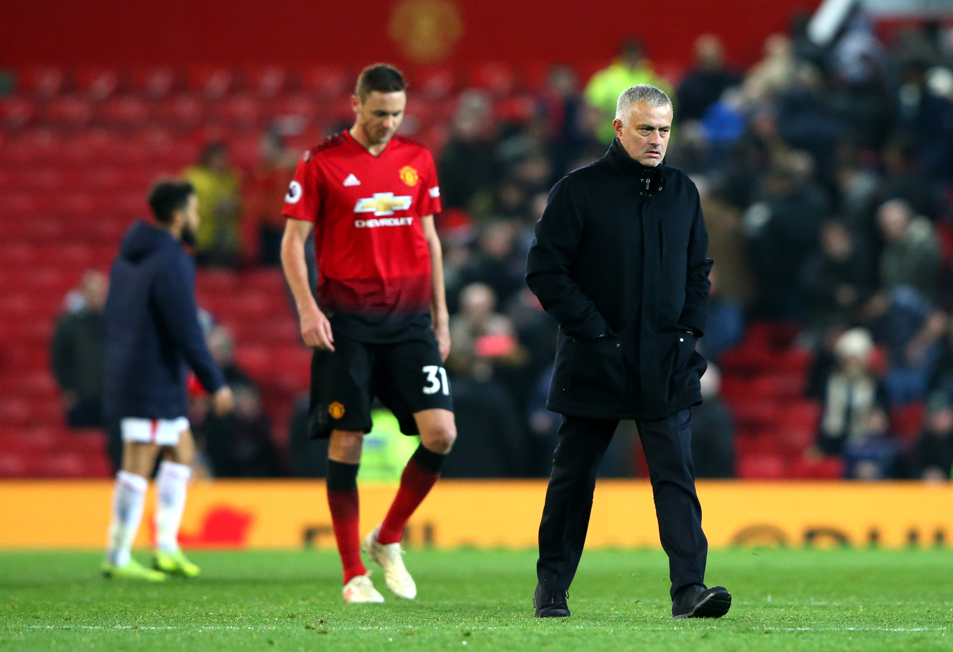 MANCHESTER, ENGLAND - NOVEMBER 24:  Nemanja Matic of Manchester United and Jose Mourinho, Manager of Manchester United look dejected following the Premier League match between Manchester United and Crystal Palace at Old Trafford on November 24, 2018 in Manchester, United Kingdom.  (Photo by Alex Livesey/Getty Images)