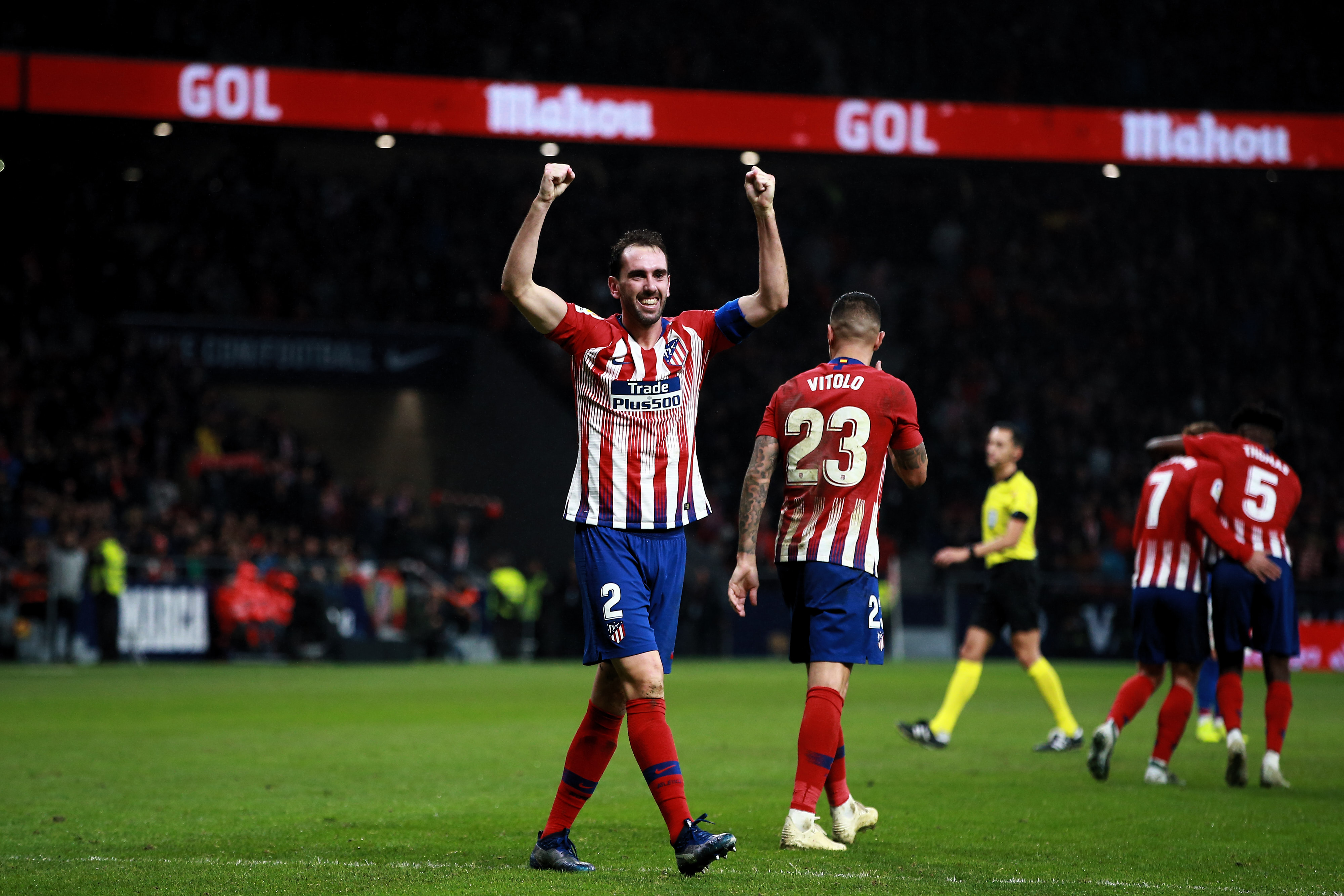 MADRID, SPAIN - NOVEMBER 10: Diego Godin of Atletico de Madrid celebrates scoring their third goal during the La Liga match between  Club Atletico de Madrid and Athletic Club at Wanda Metropolitano stadium on November 10, 2018 in Madrid, Spain. (Photo by Gonzalo Arroyo Moreno/Getty Images)