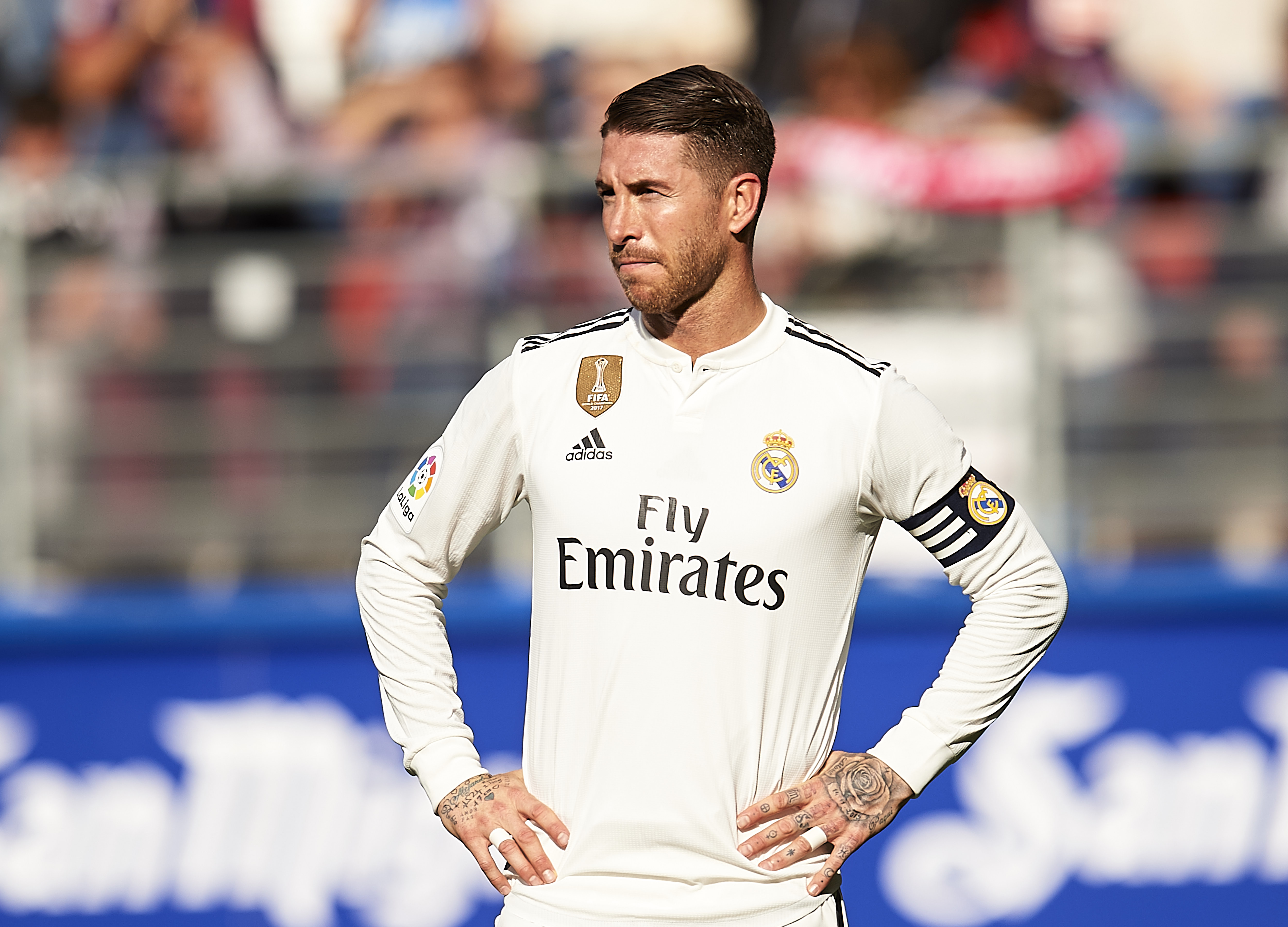 EIBAR, SPAIN - NOVEMBER 24: Sergio Ramos of Real Madrid reacts during the La Liga match between SD Eibar and Real Madrid CF at Ipurua Municipal Stadium on November 24, 2018 in Eibar, Spain. (Photo by Juan Manuel Serrano Arce/Getty Images)