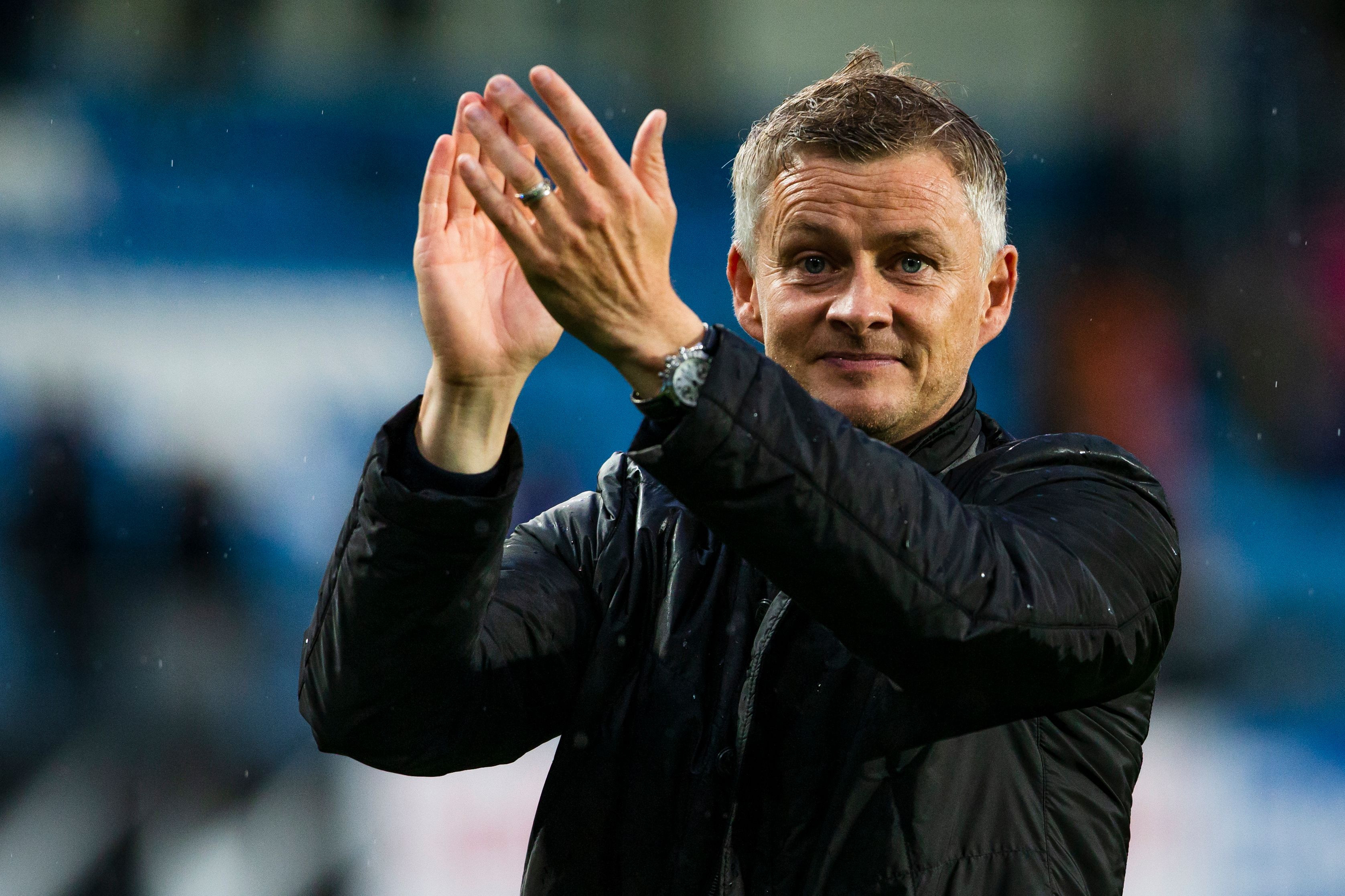 Molde FK´s headcoach Ole Gunnar Solskjaer celebrates after the UEFA Champions League third round, second leg qualifying football match between Molde FK and Hibernian at the Aker Stadium in Molde, Norway, on August 16, 2018. (Photo by Svein Ove Ekornesvaag / NTB SCANPIX / AFP) / Norway OUT        (Photo credit should read SVEIN OVE EKORNESVAAG/AFP/Getty Images)