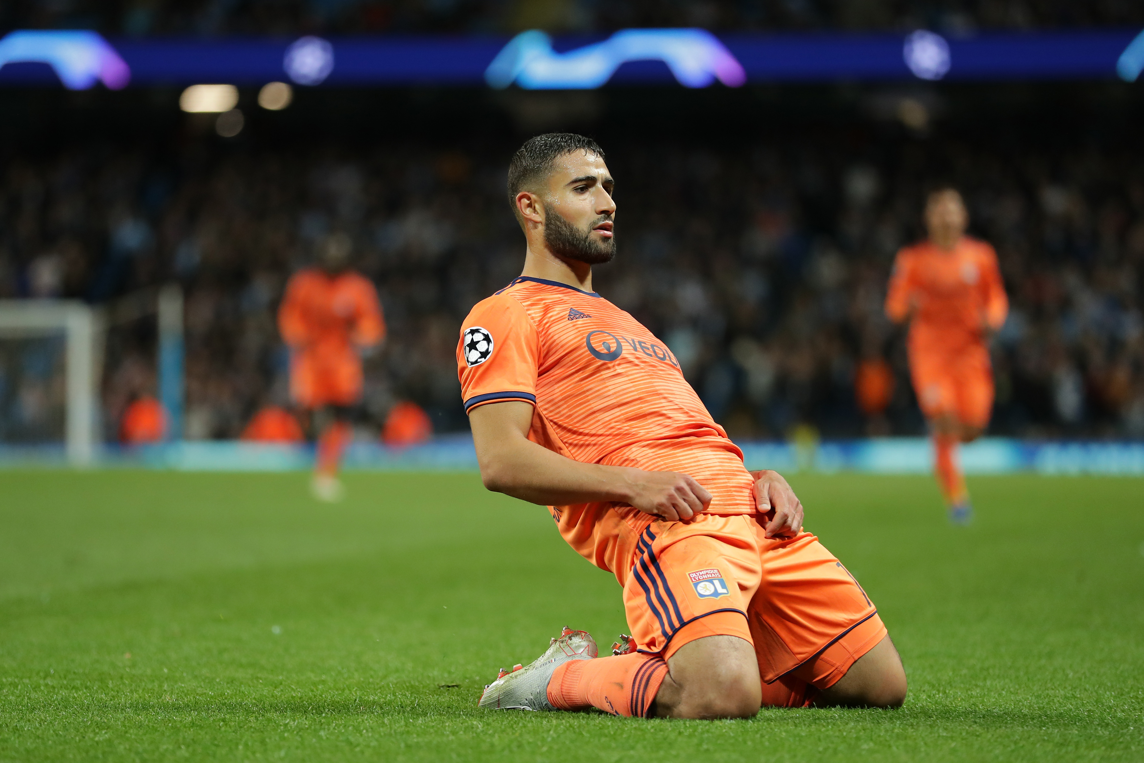 MANCHESTER, ENGLAND - SEPTEMBER 19:  Nabil Fekir of Lyon celebrates after scoring his team's second goal during the Group F match of the UEFA Champions League between Manchester City and Olympique Lyonnais at Etihad Stadium on September 19, 2018 in Manchester, United Kingdom.  (Photo by Richard Heathcote/Getty Images)