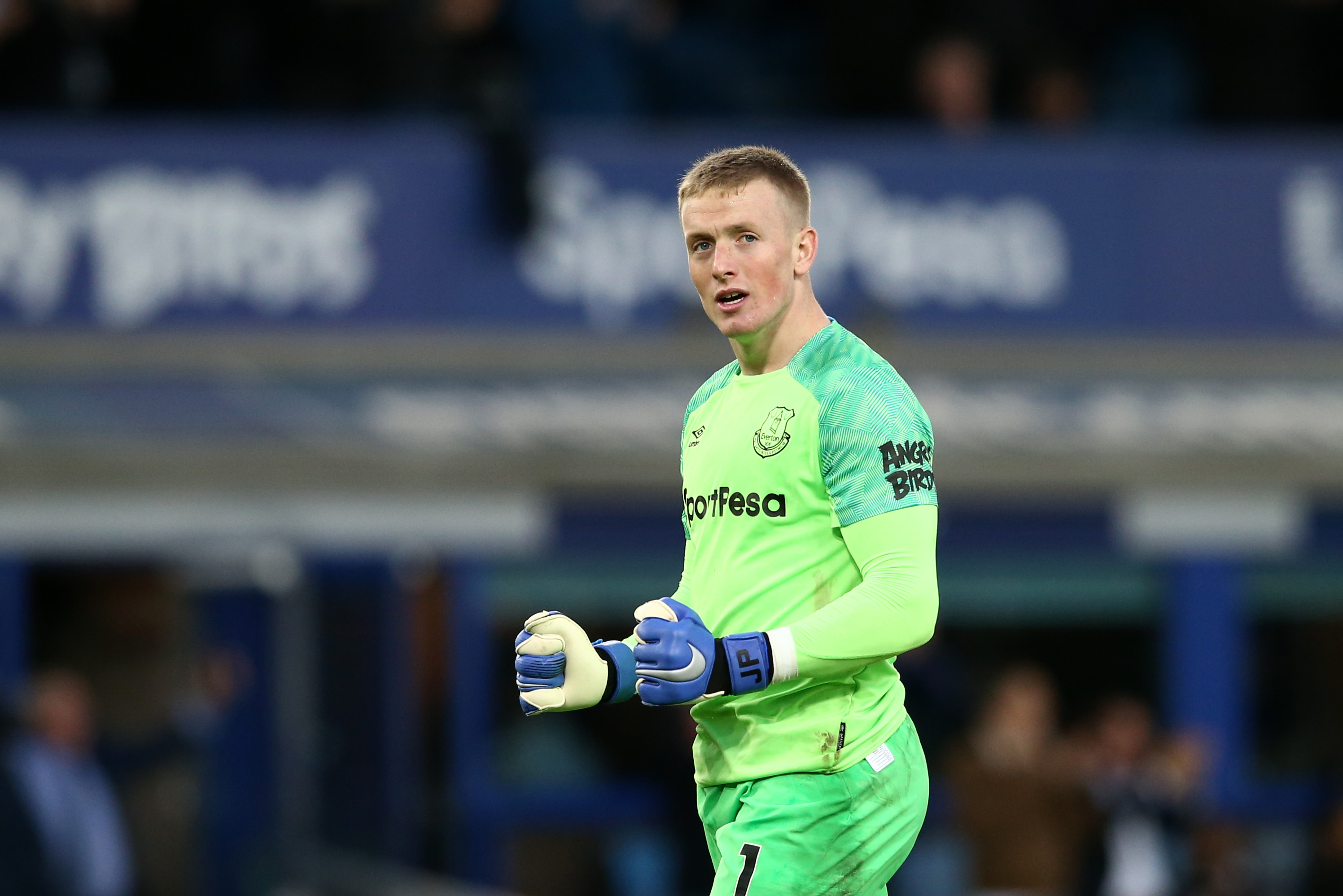 LIVERPOOL, ENGLAND - OCTOBER 21:  Jordan Pickford of Everton celebrates after Cenk Tosun of Everton (not pictured) scored their second goal during the Premier League match between Everton FC and Crystal Palace at Goodison Park on October 21, 2018 in Liverpool, United Kingdom.  (Photo by Jan Kruger/Getty Images)