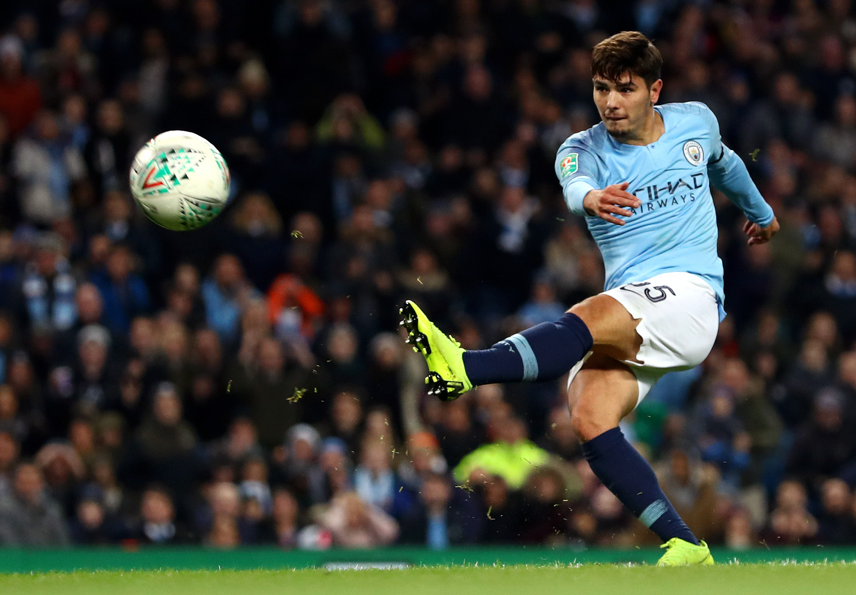 MANCHESTER, ENGLAND - NOVEMBER 01:  Brahim Diaz of Manchester City scores his team's second goal during the Carabao Cup Fourth Round match between Manchester City and Fulham at Etihad Stadium on November 1, 2018 in Manchester, England.  (Photo by Matthew Lewis/Getty Images)