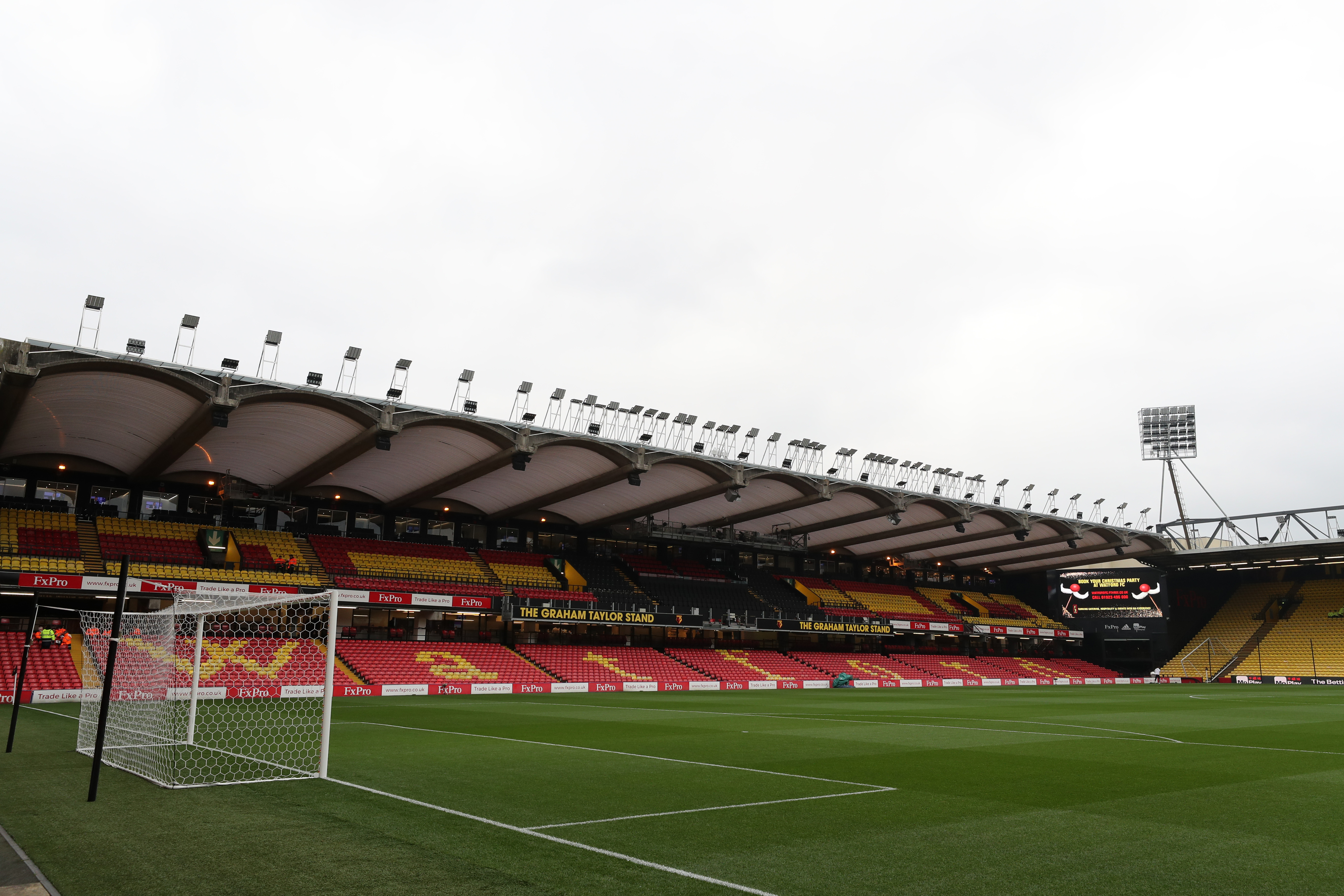 WATFORD, ENGLAND - NOVEMBER 24:  General view inside the stadium prior to the Premier League match between Watford FC and Liverpool FC at Vicarage Road on November 24, 2018 in Watford, United Kingdom.  (Photo by Richard Heathcote/Getty Images)