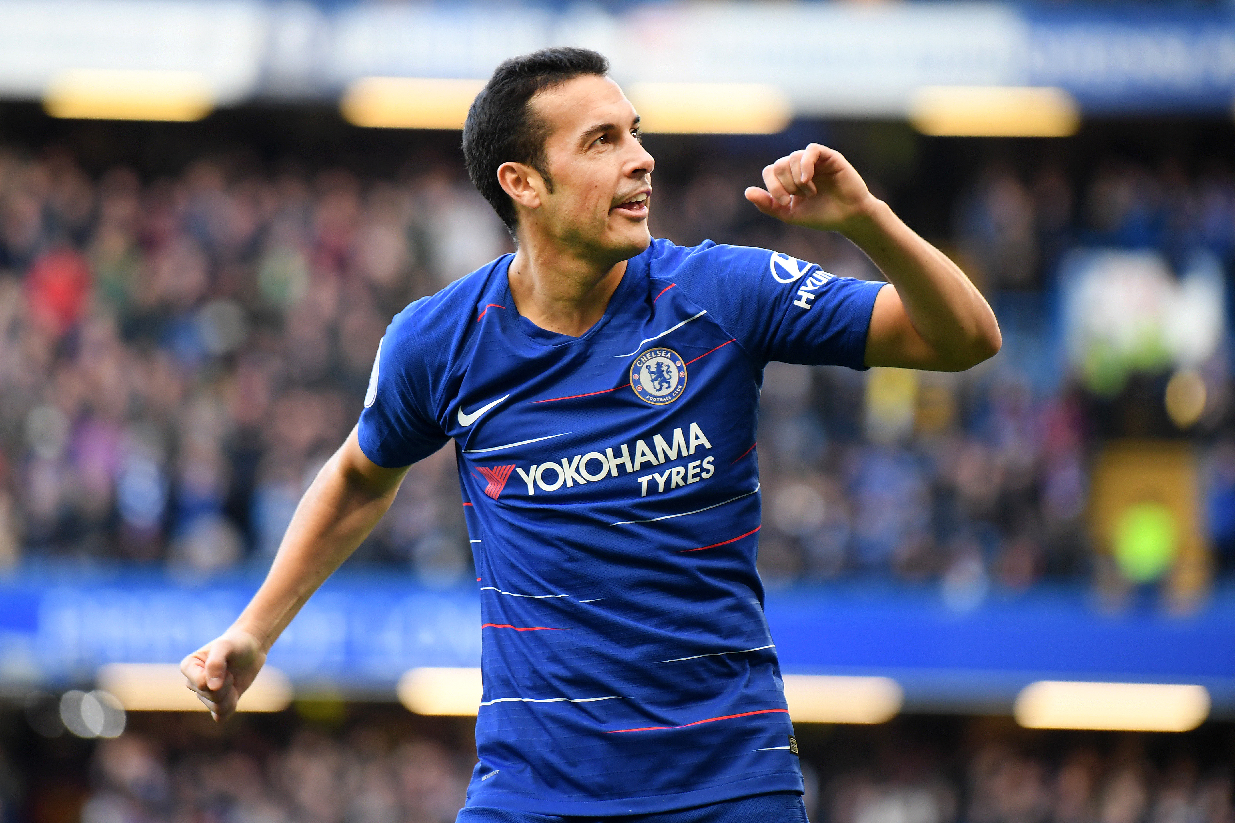 LONDON, ENGLAND - DECEMBER 02:  Pedro of Chelsea celebrates after scoring his team's first goal during the Premier League match between Chelsea FC and Fulham FC at Stamford Bridge on December 2, 2018 in London, United Kingdom.  (Photo by Mike Hewitt/Getty Images)