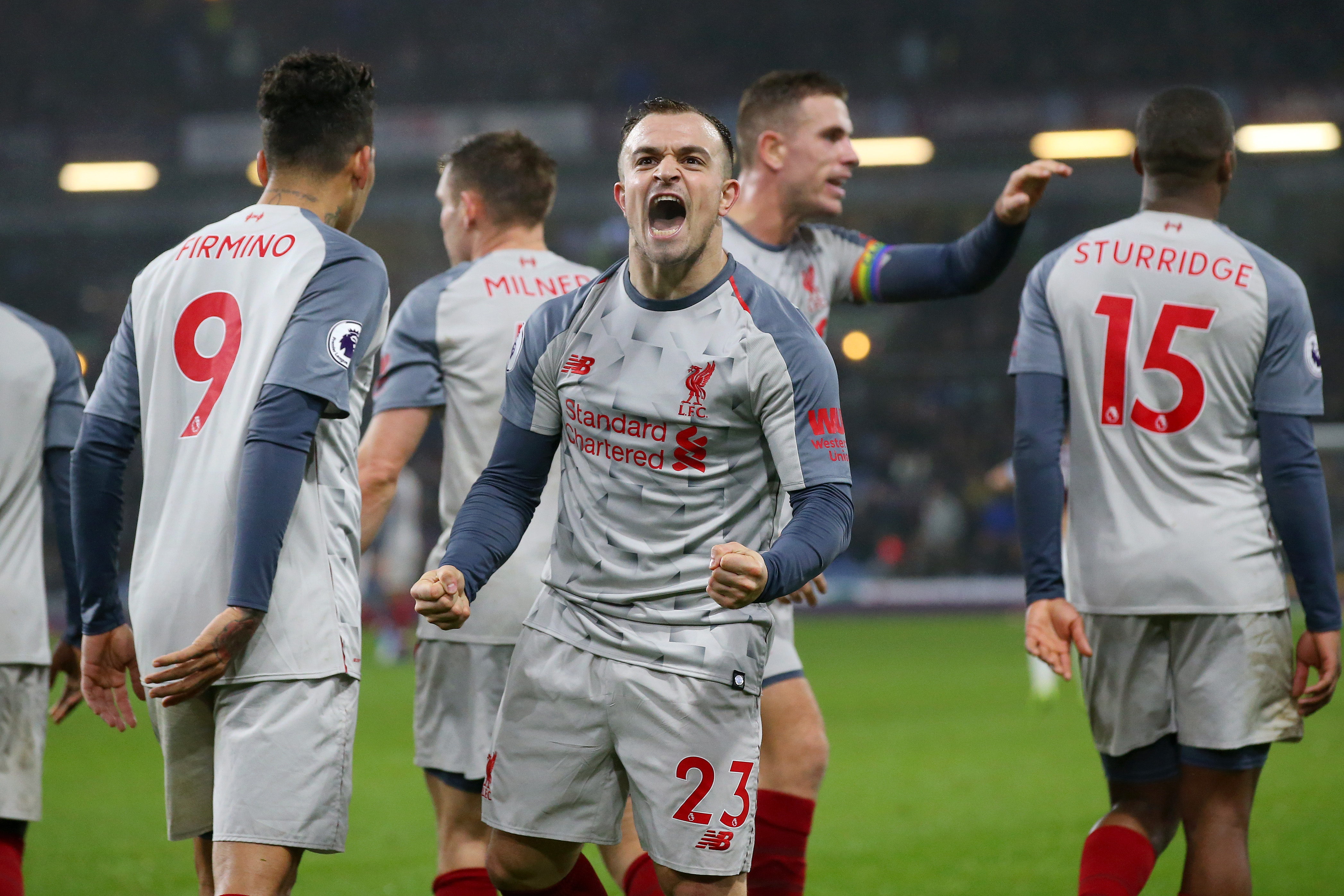 BURNLEY, ENGLAND - DECEMBER 05:  Xherdan Shaqiri of Liverpool celebrates after scoring his team's third goal during the Premier League match between Burnley FC and Liverpool FC at Turf Moor on December 5, 2018 in Burnley, United Kingdom.  (Photo by Alex Livesey/Getty Images)
