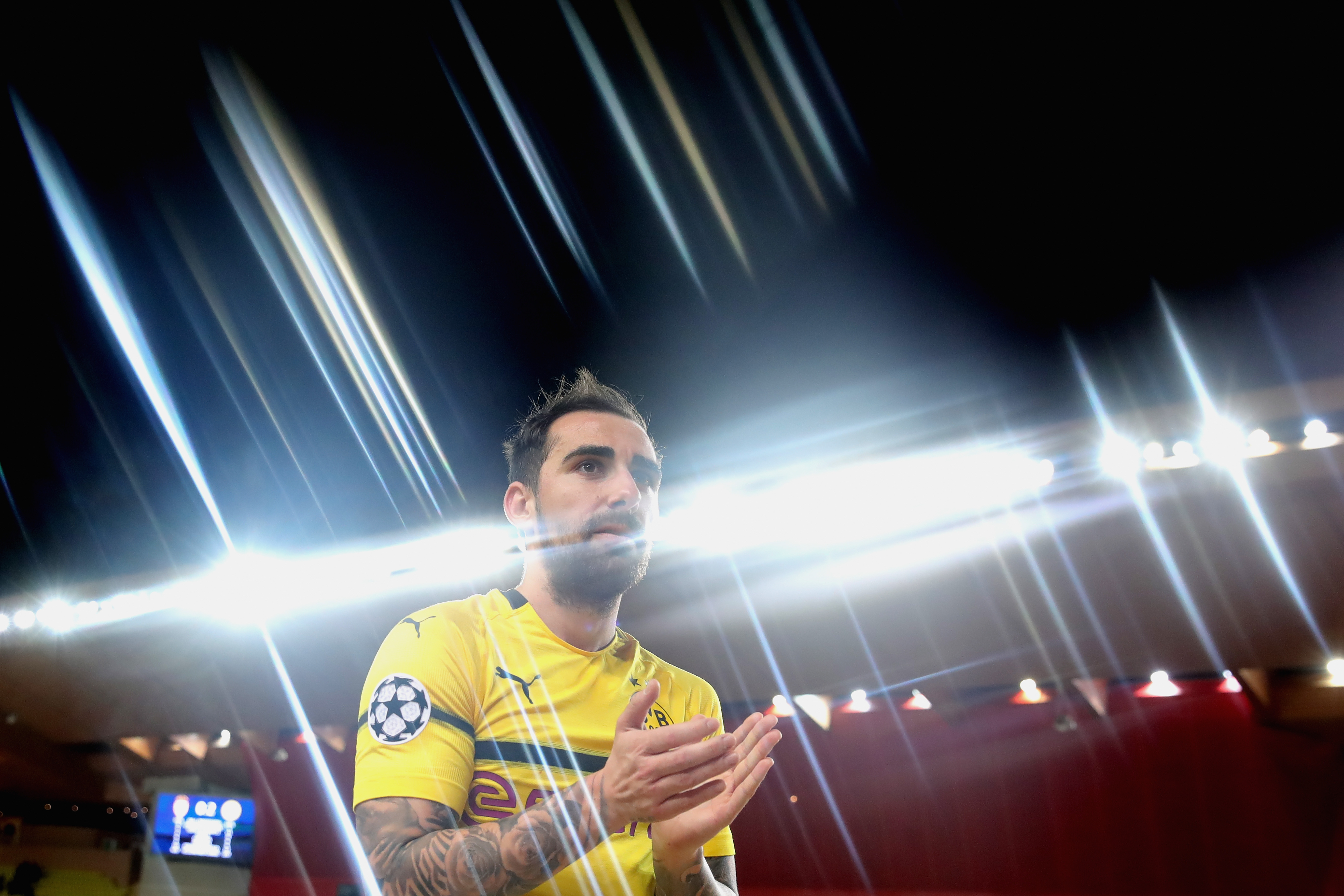 MONACO - DECEMBER 11:  (EDITORS NOTE: STAR EFFECT FILTER USED TO CREATE THIS PICTURE!) Paco Alcacer of Dortmund celebrates victory after winning  the UEFA Champions League Group A match between AS Monaco and Borussia Dortmund at Stade Louis II on December 11, 2018 in Monaco, Monaco.  (Photo by Alexander Hassenstein/Bongarts/Getty Images)