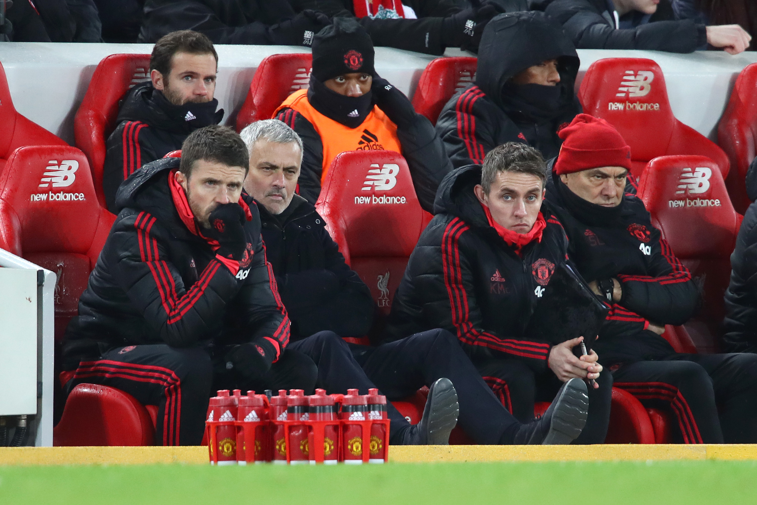 LIVERPOOL, ENGLAND - DECEMBER 16:  Jose Mourinho, Manager of Manchester United looks on during the Premier League match between Liverpool FC and Manchester United at Anfield on December 16, 2018 in Liverpool, United Kingdom.  (Photo by Clive Brunskill/Getty Images)