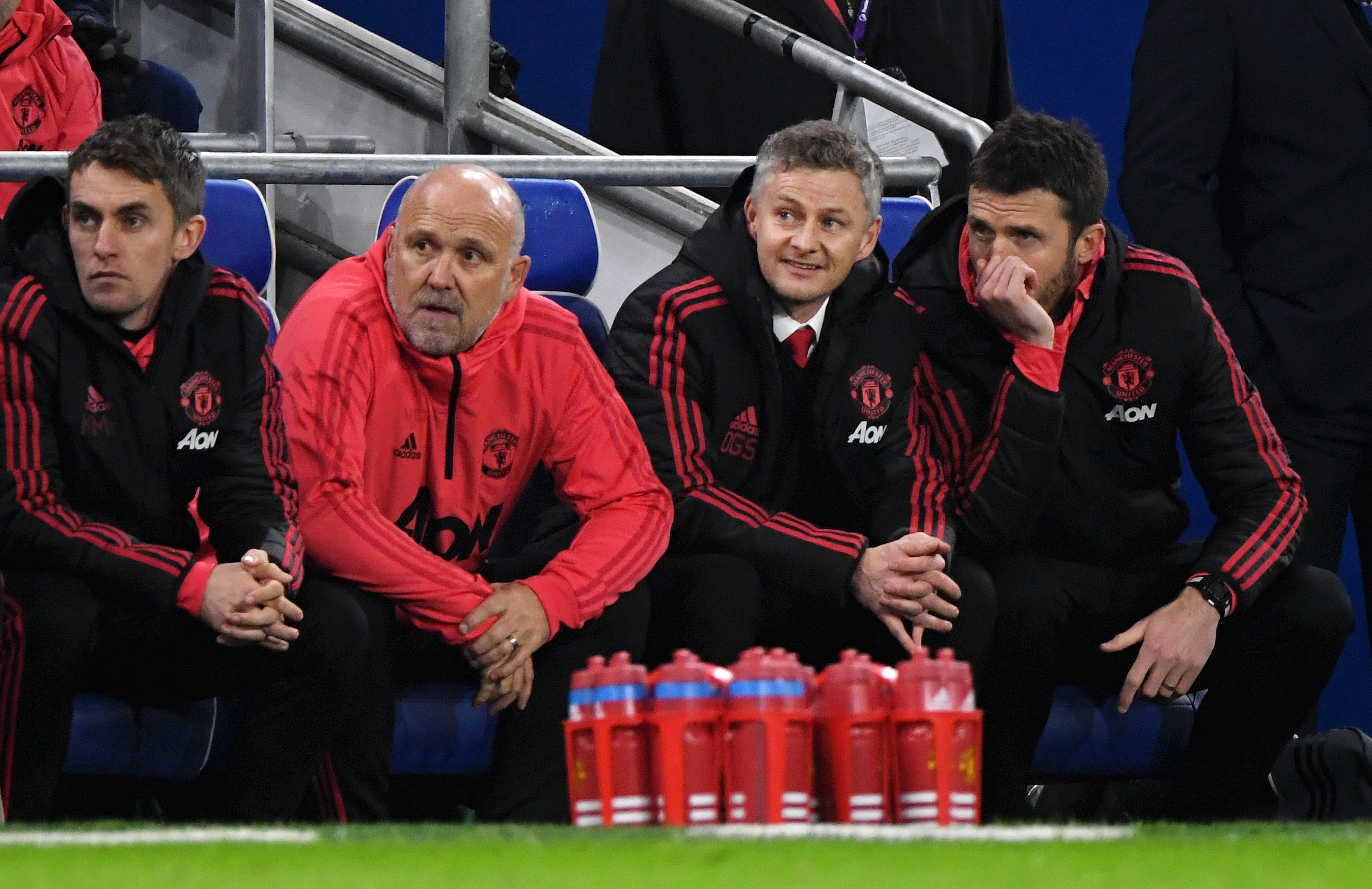 CARDIFF, WALES - DECEMBER 22:  Ole Gunnar Solskjaer, Interim Manager of Manchester United looks on with Michael Carrick during the Premier League match between Cardiff City and Manchester United at Cardiff City Stadium on December 22, 2018 in Cardiff, United Kingdom.  (Photo by Stu Forster/Getty Images)