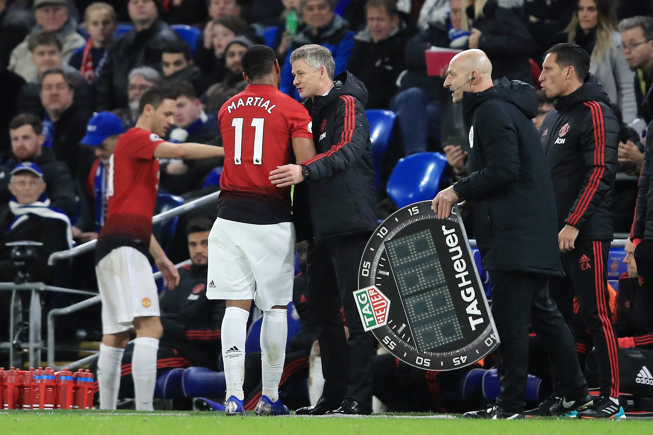 CARDIFF, WALES - DECEMBER 22:  Ole Gunnar Solskjaer, Interim Manager of Manchester United embraces Anthony Martial of Manchester United as he is substituted during the Premier League match between Cardiff City and Manchester United at Cardiff City Stadium on December 22, 2018 in Cardiff, United Kingdom.  (Photo by Marc Atkins/Getty Images)