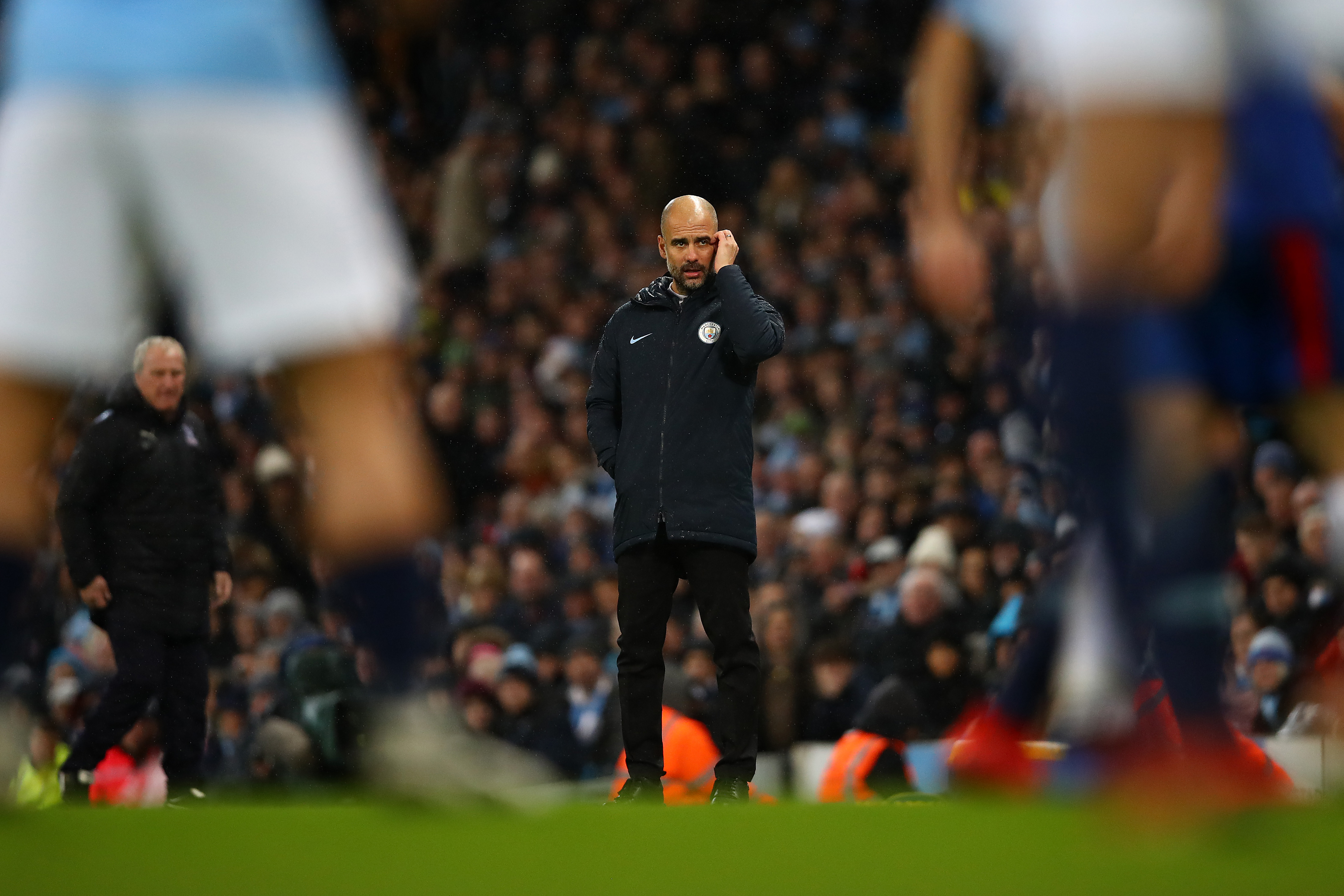 MANCHESTER, ENGLAND - DECEMBER 22: Josep Guardiola, Manager of Manchester City shows his dejection during the Premier League match between Manchester City and Crystal Palace at Etihad Stadium on December 22, 2018 in Manchester, United Kingdom. (Photo by Clive Brunskill/Getty Images)
