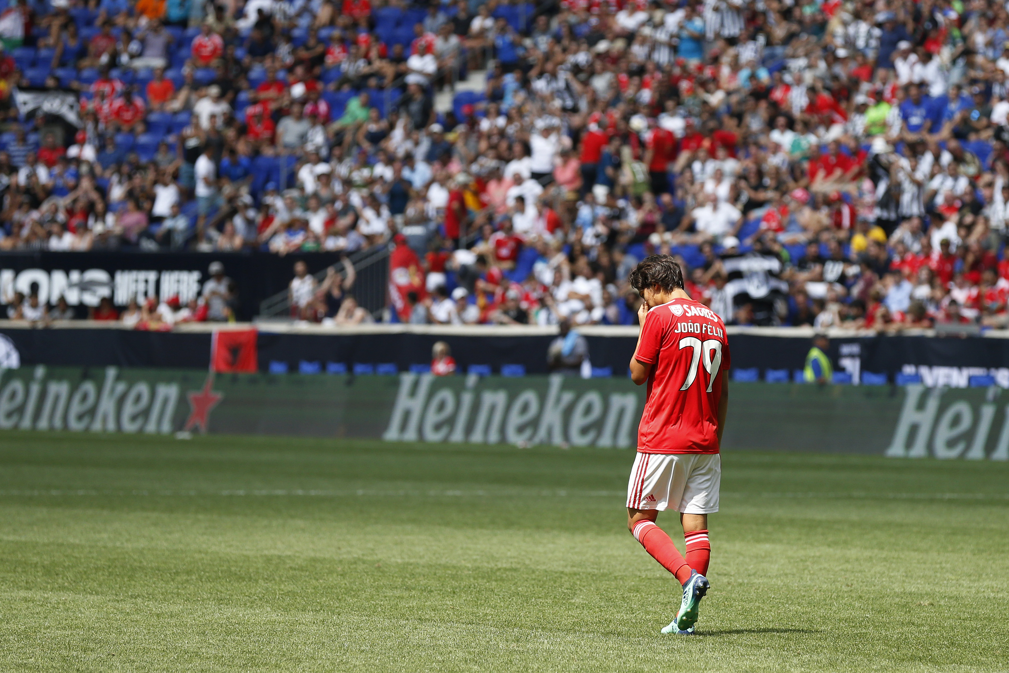 HARRISON, NJ - JULY 28: Joao Felix #79 of Benfica reacts after missing a shot during penalty kicks against Juventus during the International Champions Cup 2018 match between Benfica and Juventus at Red Bull Arena on July 28, 2018 in Harrison, New Jersey. (Photo by Adam Hunger/Getty Images)