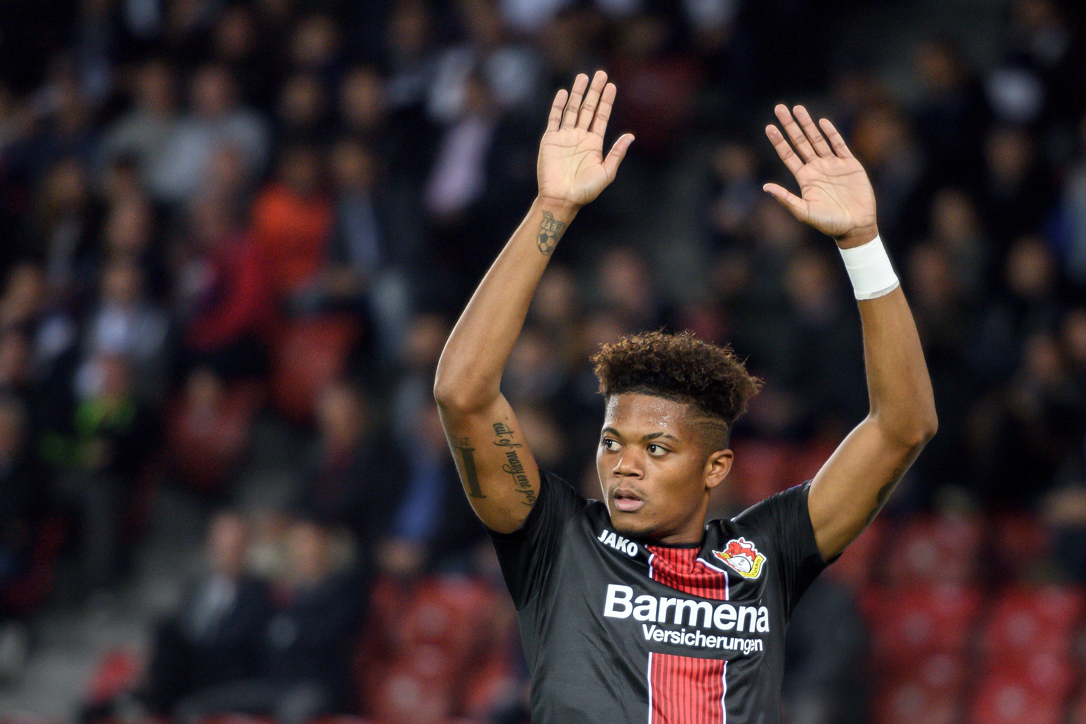 Bayer Leverkusen's Jamaican forward Leon Bailey reacts during the UEFA Europa League group A football match between FC Zurich and Bayer Leverkusen at Letzigrund stadium in Zurich on October 25, 2018. (Photo by Fabrice COFFRINI / AFP)        (Photo credit should read FABRICE COFFRINI/AFP/Getty Images)