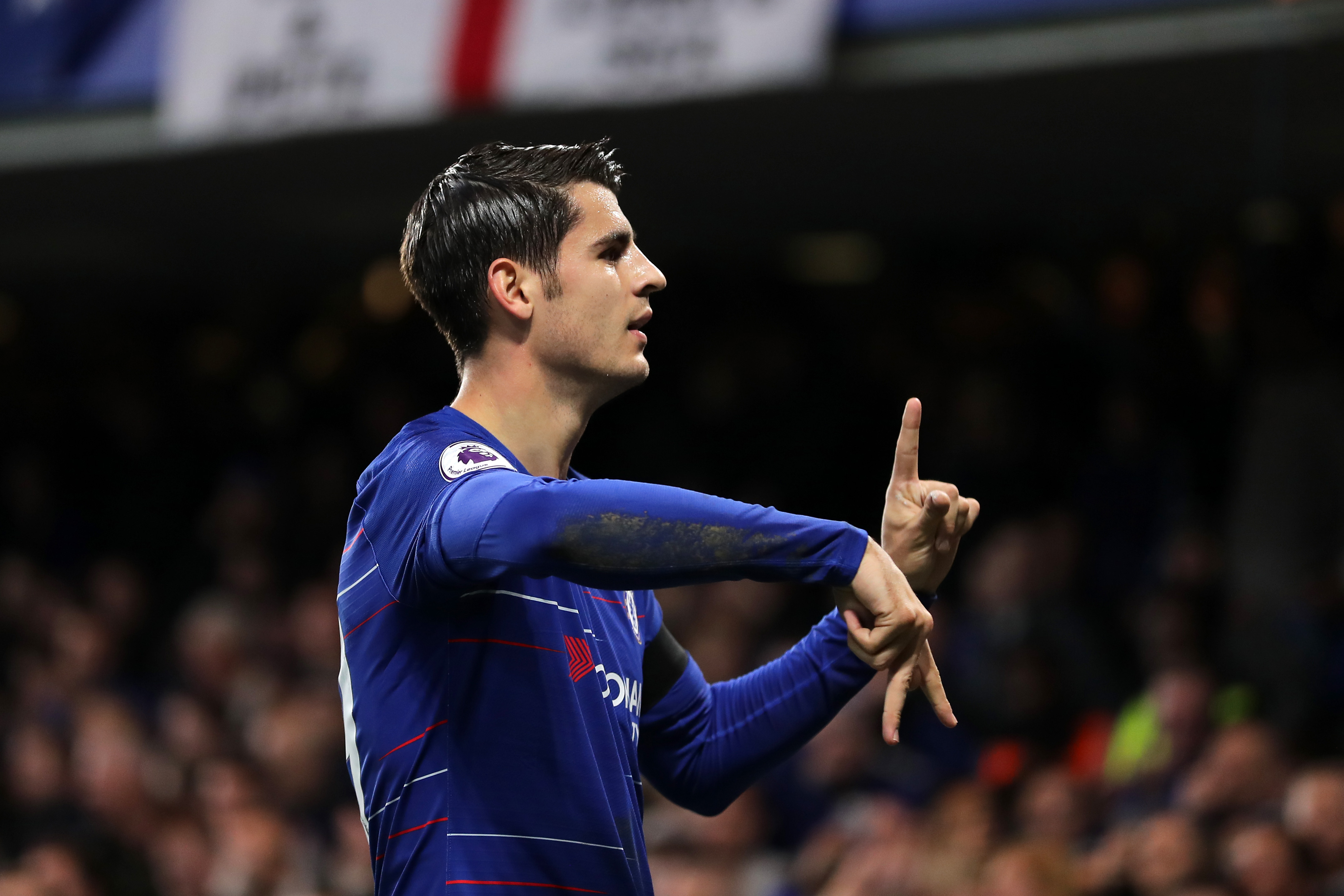 LONDON, ENGLAND - NOVEMBER 04:  Alvaro Morata of Chelsea celebrates after scoring his team's first goal during the Premier League match between Chelsea FC and Crystal Palace at Stamford Bridge on November 4, 2018 in London, United Kingdom.  (Photo by Richard Heathcote/Getty Images)