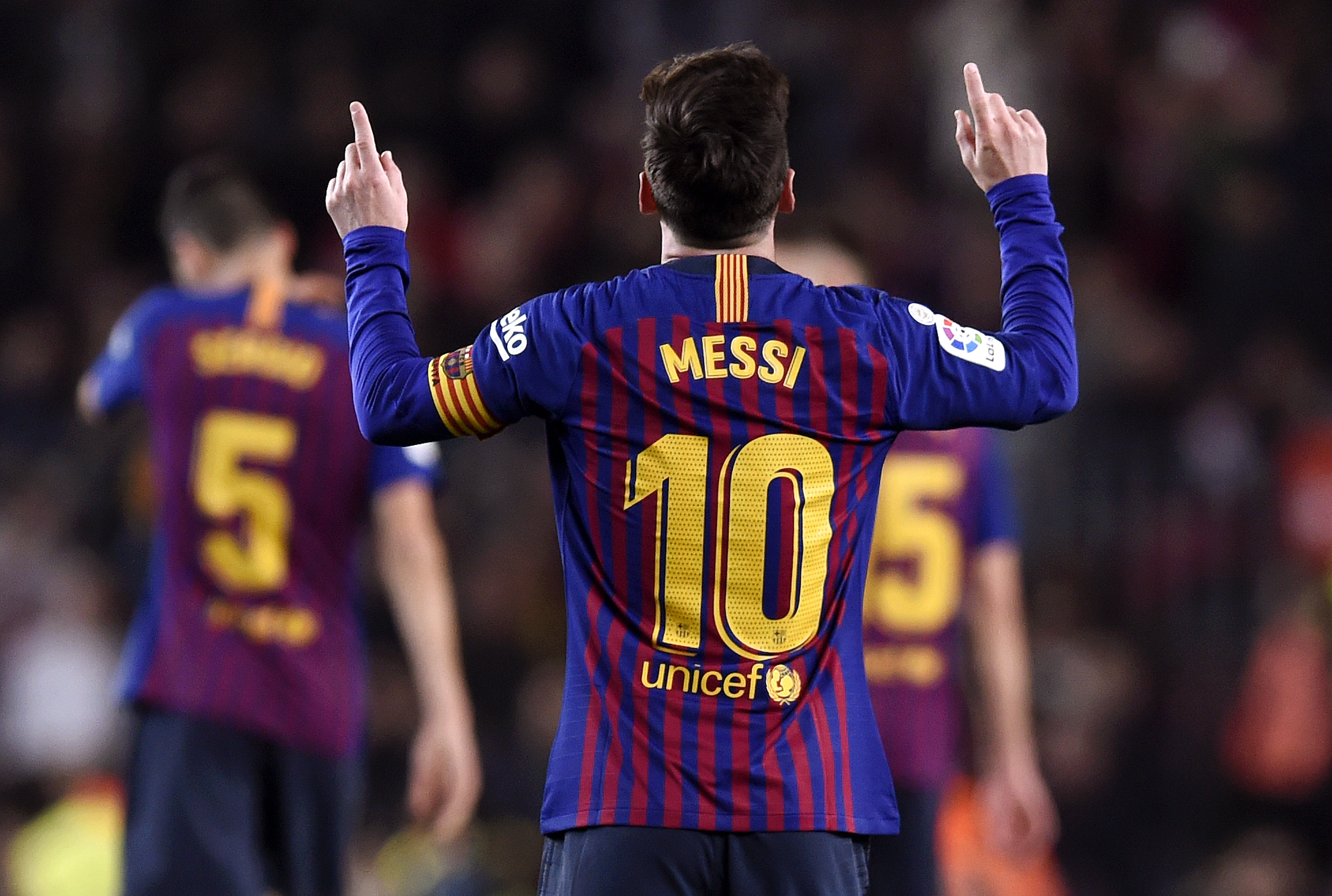 BARCELONA, SPAIN - DECEMBER 22: Lionel Messi of Barcelona celebrates after scoring his team's second goal during the La Liga match between FC Barcelona and RC Celta de Vigo at Camp Nou on December 22, 2018 in Barcelona, Spain.  (Photo by Alex Caparros/Getty Images)