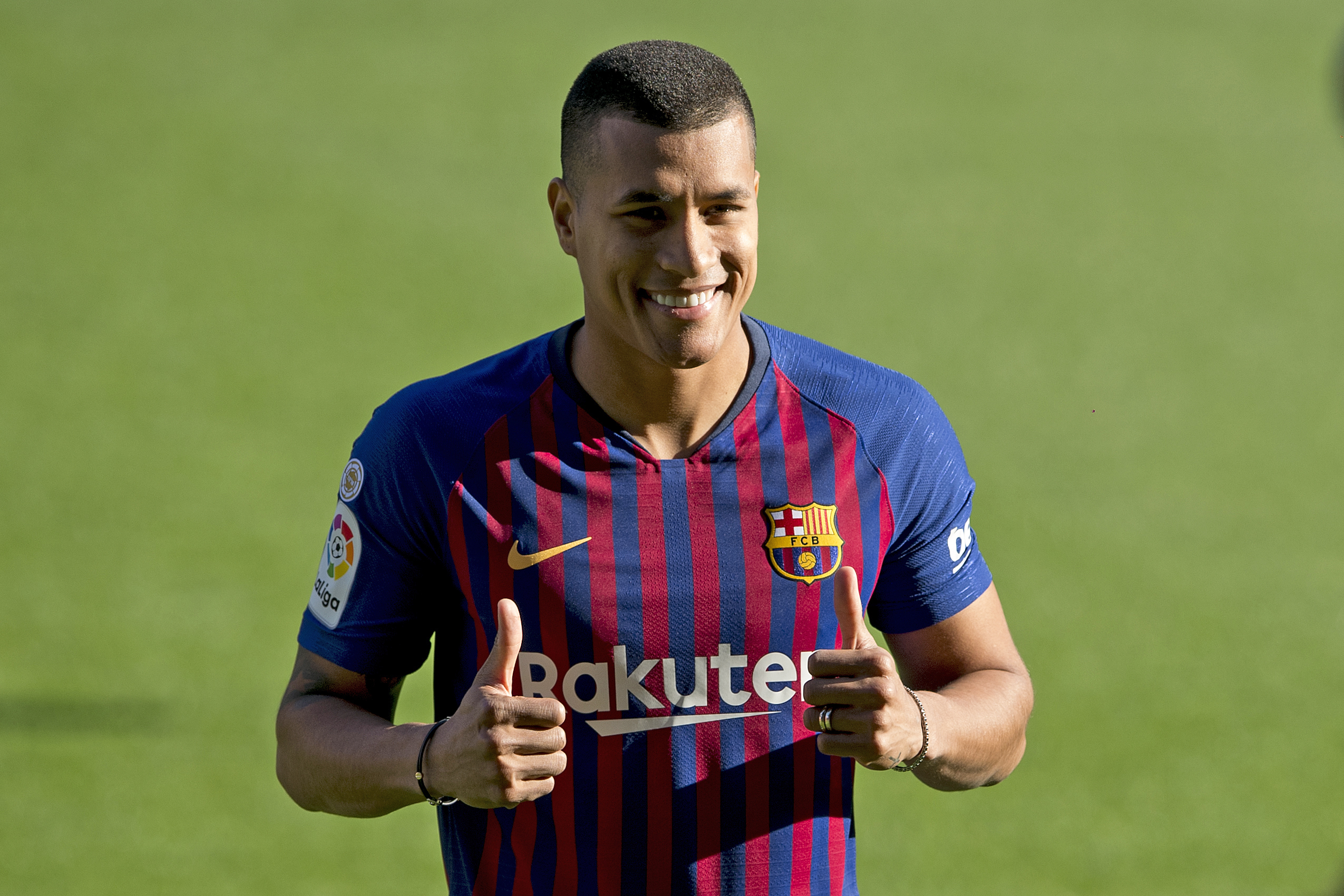 Barcelona's new player Colombian defender Jeison Murillo gives thumbs up during his official presentation at the Camp Nou stadium in Barcelona on December 27, 2018. (Photo by Josep LAGO / AFP)        (Photo credit should read JOSEP LAGO/AFP/Getty Images)