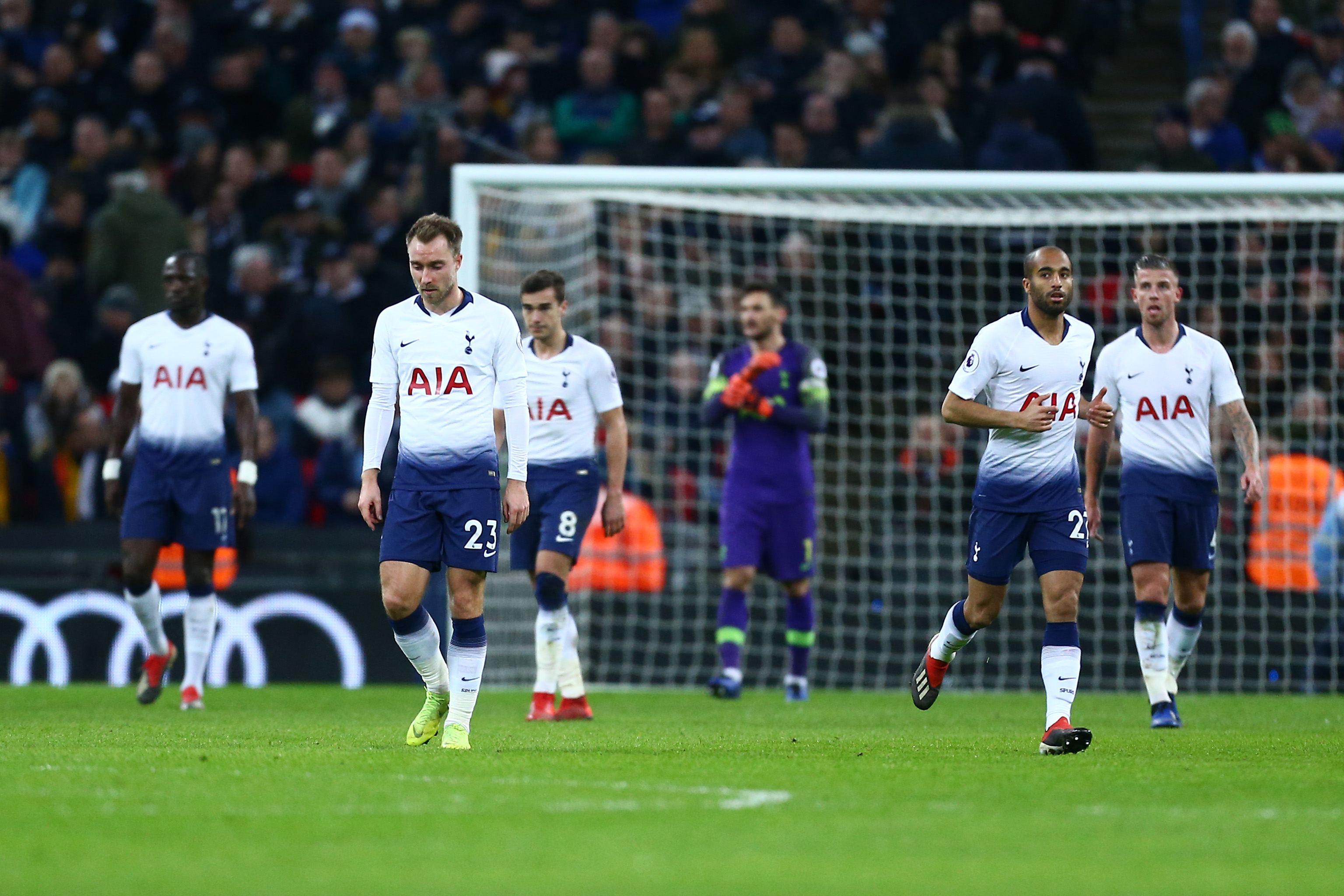 LONDON, ENGLAND - DECEMBER 29:  Players of Tottenham Hotspur look dejected after Willy Boly of Wolverhampton Wanderers scored his team's first goal during the Premier League match between Tottenham Hotspur and Wolverhampton Wanderers at Tottenham Hotspur Stadium on December 29, 2018 in London, United Kingdom.  (Photo by Jordan Mansfield/Getty Images)