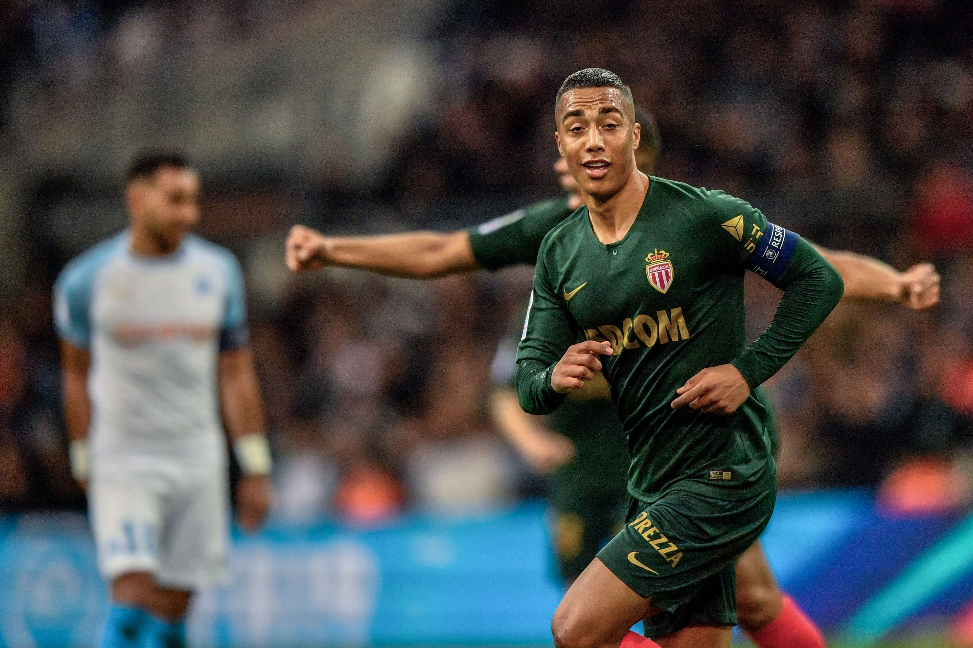 Monaco's Belgian midfielder Youri Tielemans celebrates after scoring during the French L1 football match between Olympique de Marseille and AS Monaco on January 13, 2019, at the Velodrome stadium in Marseille, southern France. (Photo by Christophe SIMON / AFP)        (Photo credit should read CHRISTOPHE SIMON/AFP/Getty Images)