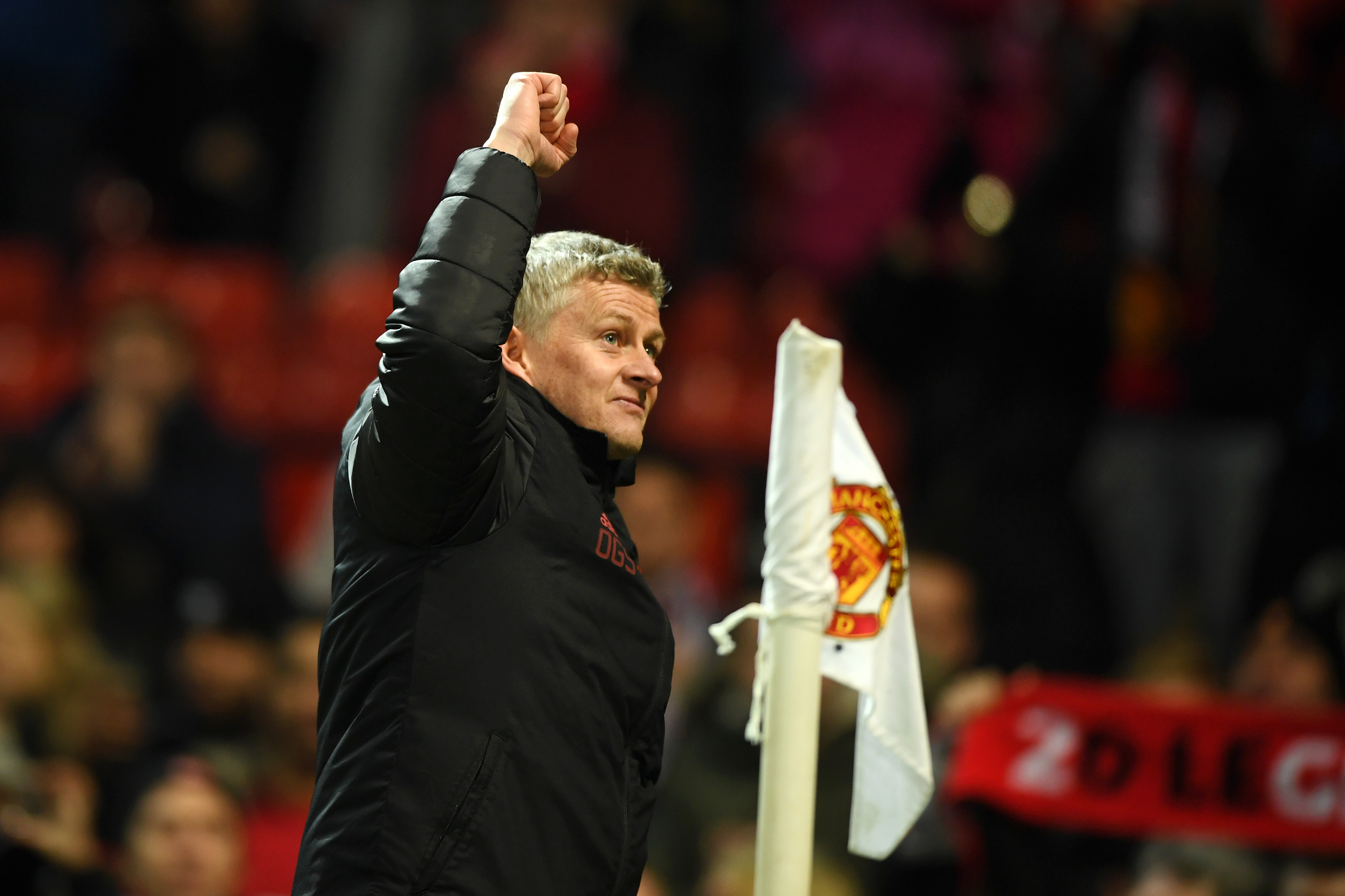 MANCHESTER, ENGLAND - JANUARY 19:  Ole Gunnar Solskjaer, Interim Manager of Manchester United celebrates following the Premier League match between Manchester United and Brighton & Hove Albion at Old Trafford on January 19, 2019 in Manchester, United Kingdom.  (Photo by Gareth Copley/Getty Images)