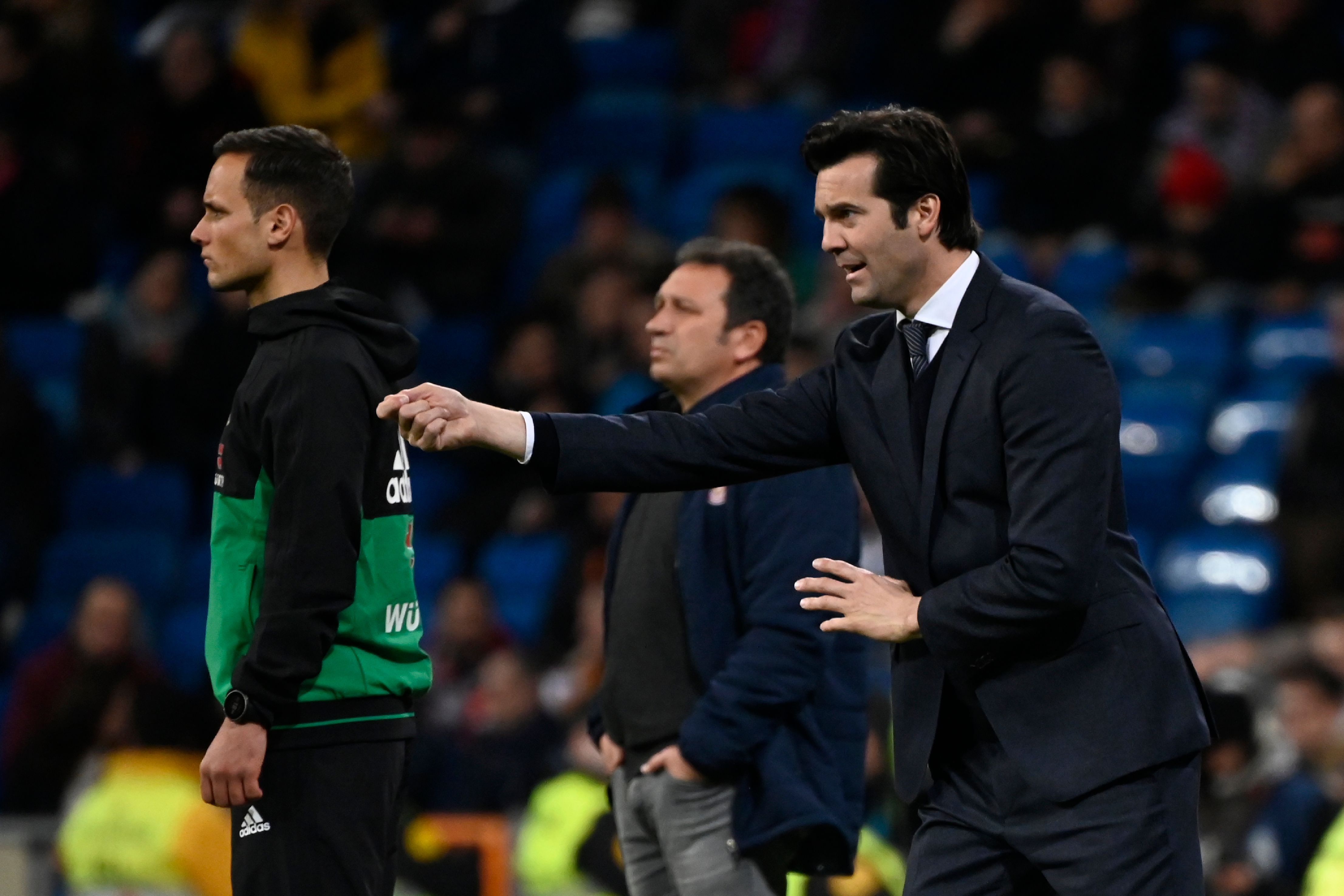 Real Madrid's Argentinian coach Santiago Solari gestures during the Spanish Copa del Rey (King's Cup) quarter-final first leg football match between Real Madrid CF and Girona FC at the Santiago Bernabeu stadium in Madrid on January 24, 2019. (Photo by JAVIER SORIANO / AFP)        (Photo credit should read JAVIER SORIANO/AFP/Getty Images)