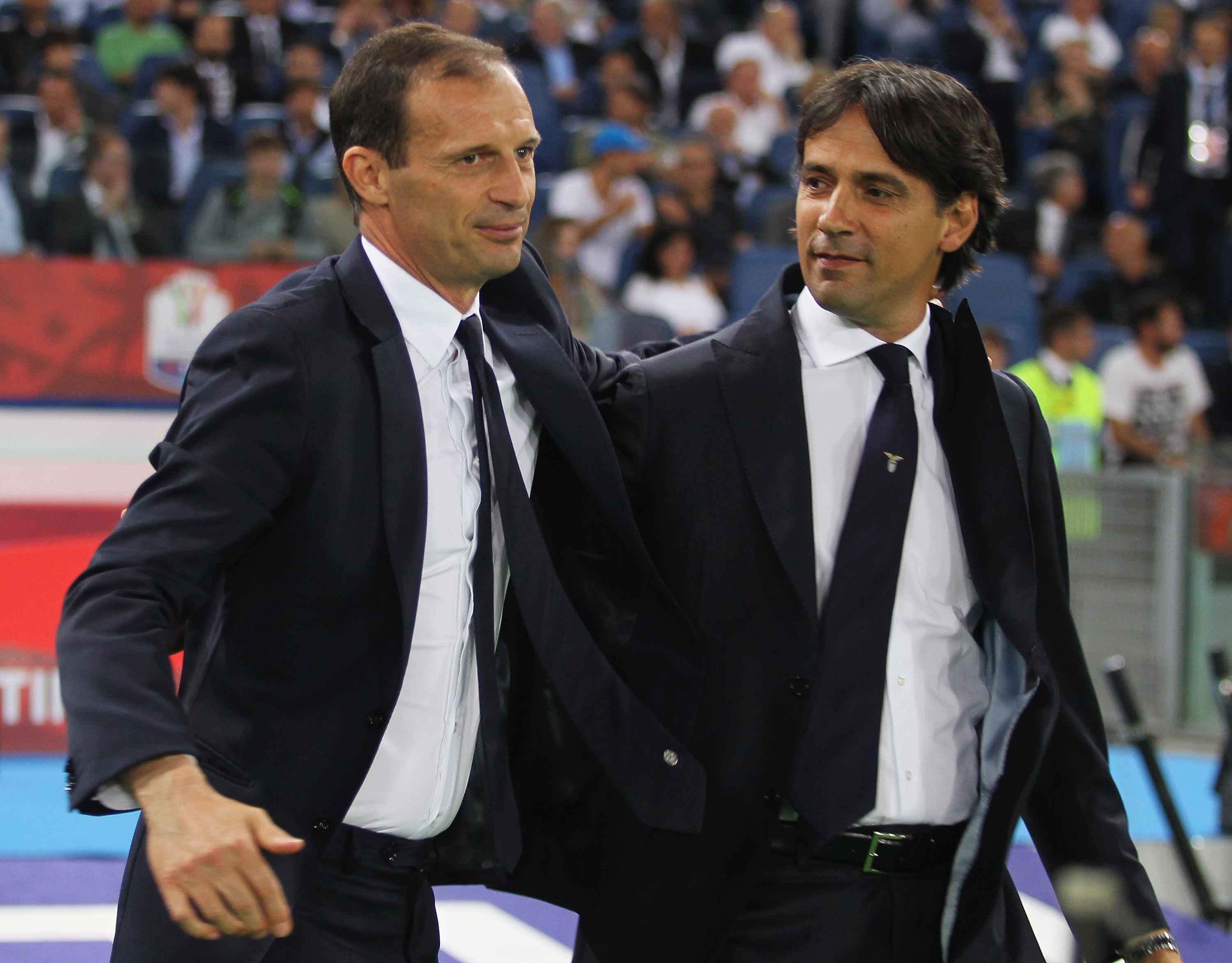 ROME, ITALY - MAY 17:  Juventus FC head coach Massimiliano Allegri and SS Lazio head coach Simone Inzaghi react during the TIM Cup Final match between SS Lazio and Juventus FC at Olimpico Stadium on May 17, 2017 in Rome, Italy.  (Photo by Paolo Bruno/Getty Images)