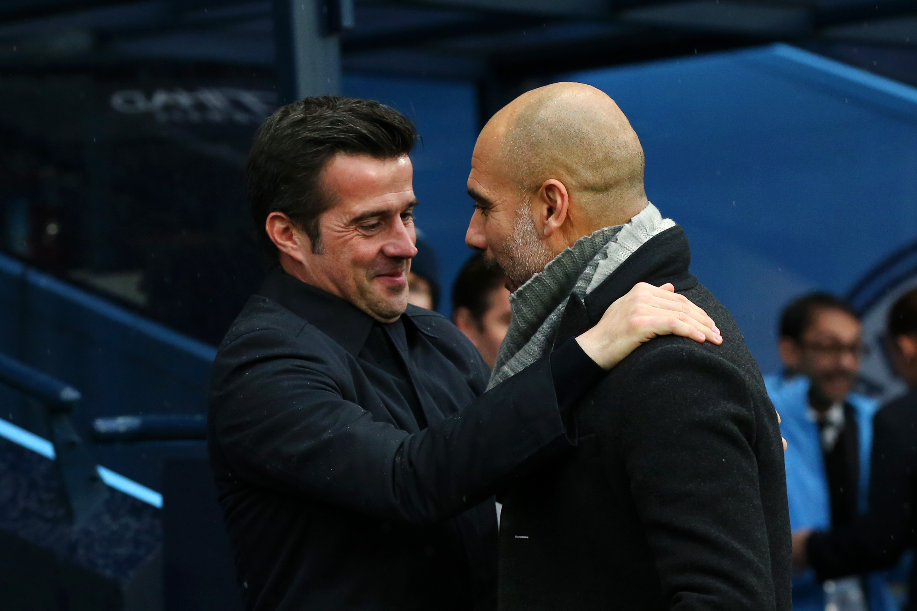 MANCHESTER, ENGLAND - DECEMBER 15:  Josep Guardiola, Manager of Manchester City greets Marco Silva, Manager of Everton prior to the Premier League match between Manchester City and Everton FC at Etihad Stadium on December 15, 2018 in Manchester, United Kingdom.  (Photo by Alex Livesey/Getty Images)