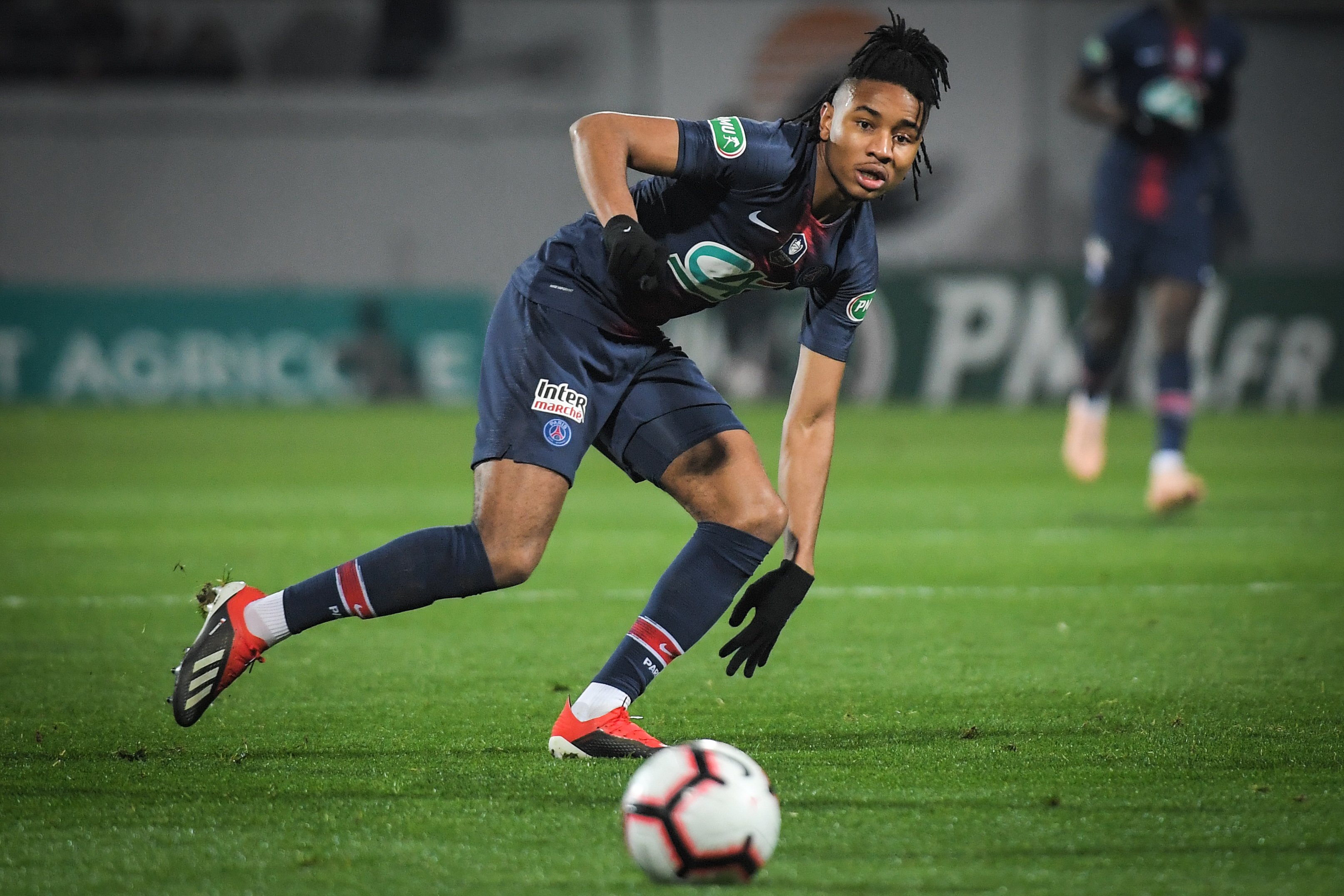 Paris Saint-Germain's Christopher Nkunku controls the ball during the French Cup last-64 football match GSI Pontivy against Paris Saint Germain on January 6, 2019, at the Moustoir stadium in Lorient, western France. (Photo by LOIC VENANCE / AFP)        (Photo credit should read LOIC VENANCE/AFP/Getty Images)