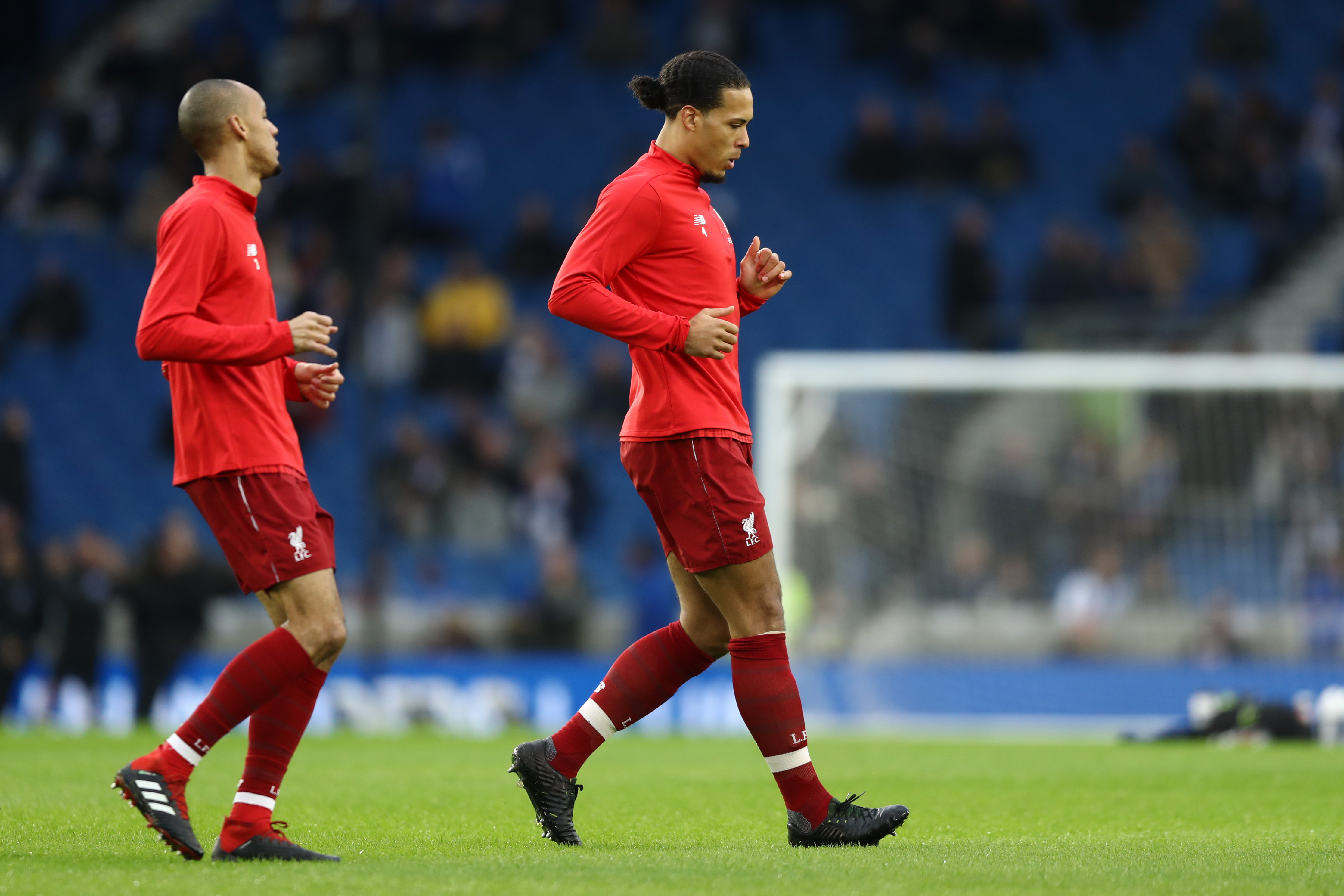 BRIGHTON, ENGLAND - JANUARY 12:  Virgil van Dijk of Liverpool warms up prior to the Premier League match between Brighton & Hove Albion and Liverpool FC at American Express Community Stadium on January 12, 2019 in Brighton, United Kingdom.  (Photo by Bryn Lennon/Getty Images)