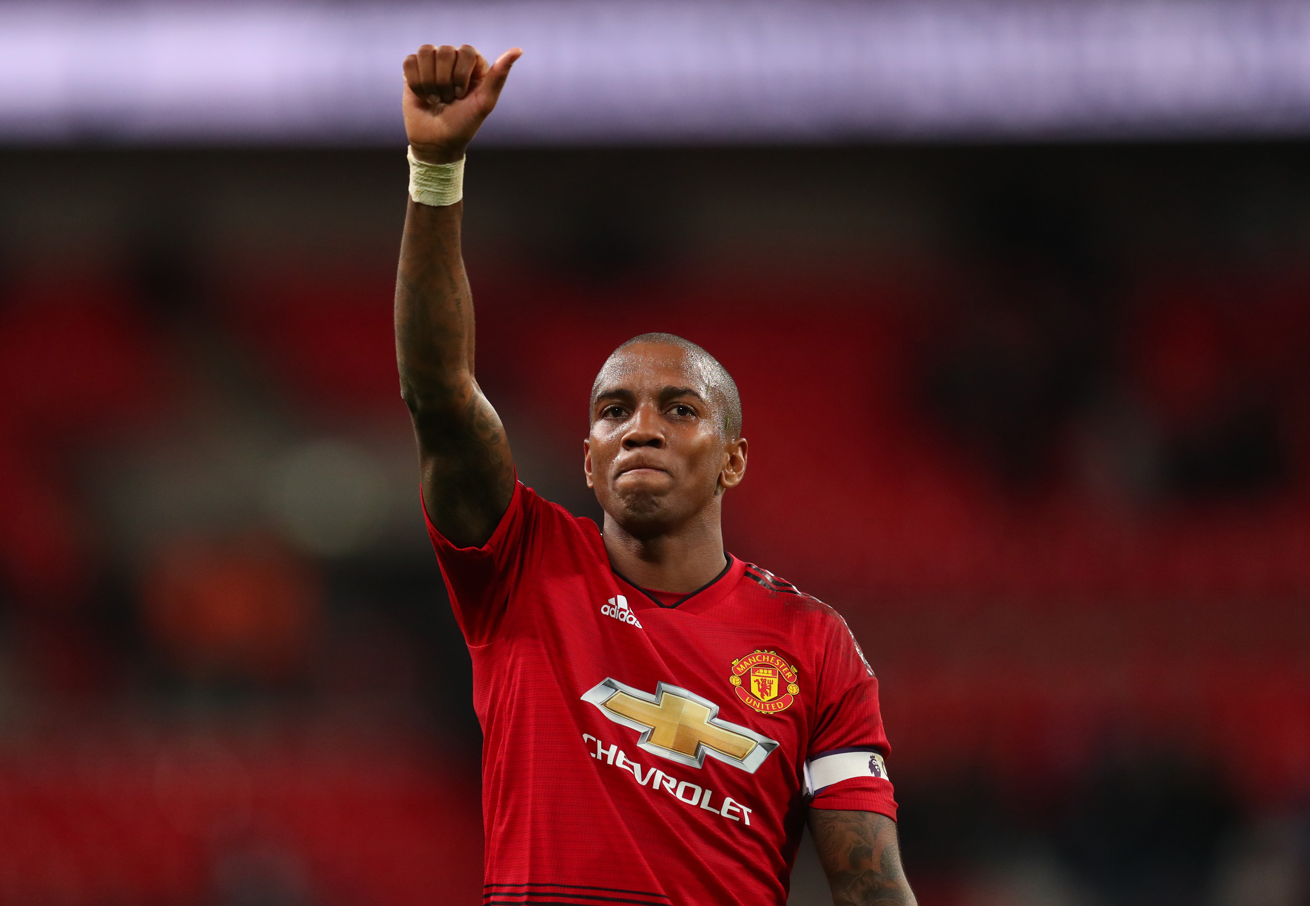 LONDON, ENGLAND - JANUARY 13: A thumbs up from Ashley Young of Manchester United after the Premier League match between Tottenham Hotspur and Manchester United at Wembley Stadium on January 13, 2019 in London, United Kingdom. (Photo by Catherine Ivill/Getty Images)