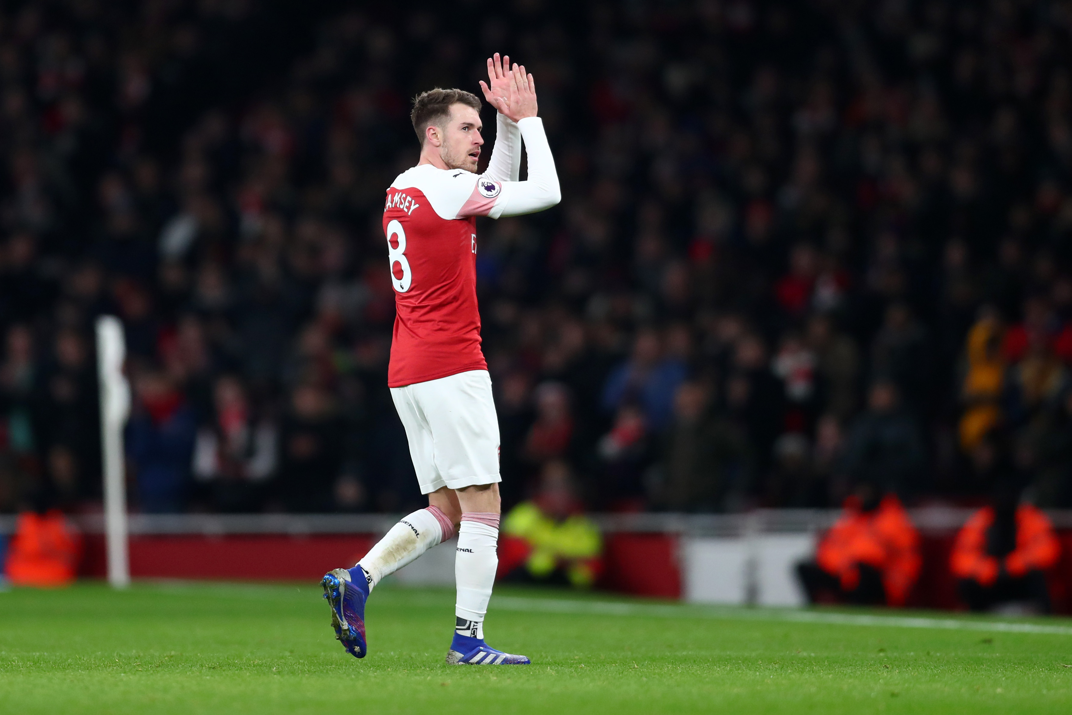 LONDON, ENGLAND - JANUARY 19:  Aaron Ramsey of Arsenal acknowledges the fans as he is substituted during the Premier League match between Arsenal FC and Chelsea FC at Emirates Stadium on January 19, 2019 in London, United Kingdom.  (Photo by Clive Rose/Getty Images)