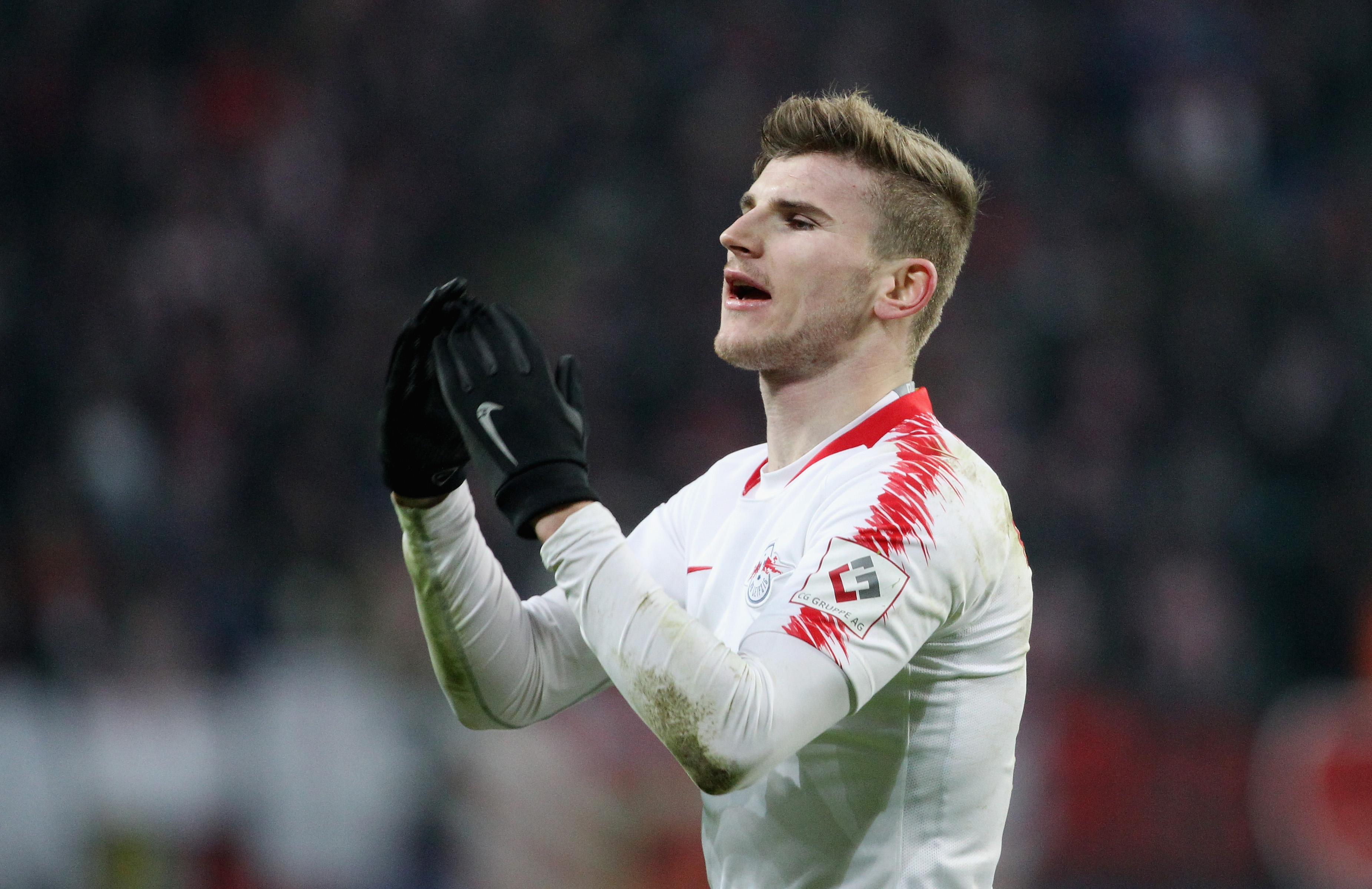 LEIPZIG, SAXONY - JANUARY 19:  Timo Werner of Leipzig looks dejected during the first Bundesliga match between RB Leipzig and Borussia Dortmund at Red Bull Arena on January 19, 2019 in Leipzig, Germany.  (Photo by Karina Hessland/Bongarts/Getty Images)