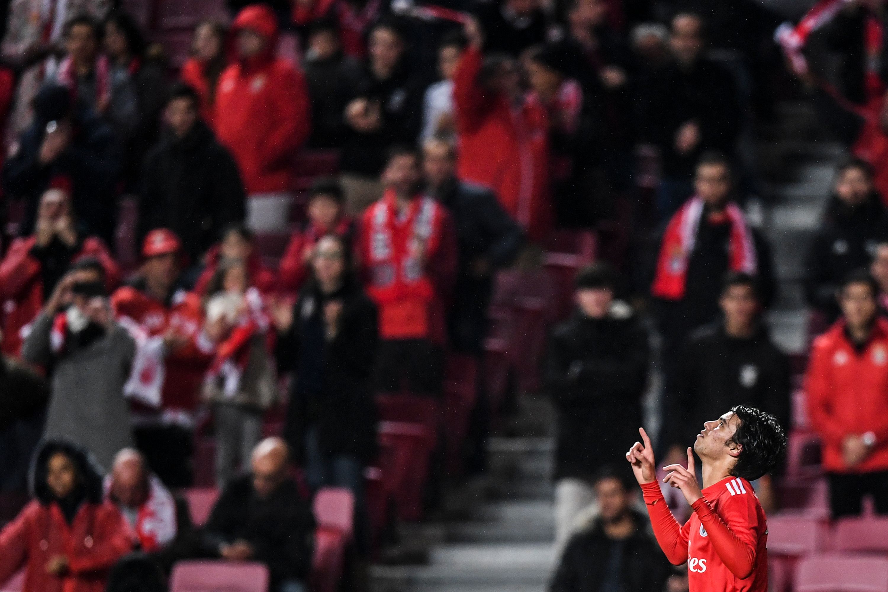 Benfica's Portuguese forward Joao Felix celebrates after scoring a goal during the Portuguese League football match between SL Benfica and Boavista FC at the Luz stadium in Lisbon on January 29, 2019. (Photo by PATRICIA DE MELO MOREIRA / AFP)        (Photo credit should read PATRICIA DE MELO MOREIRA/AFP/Getty Images)