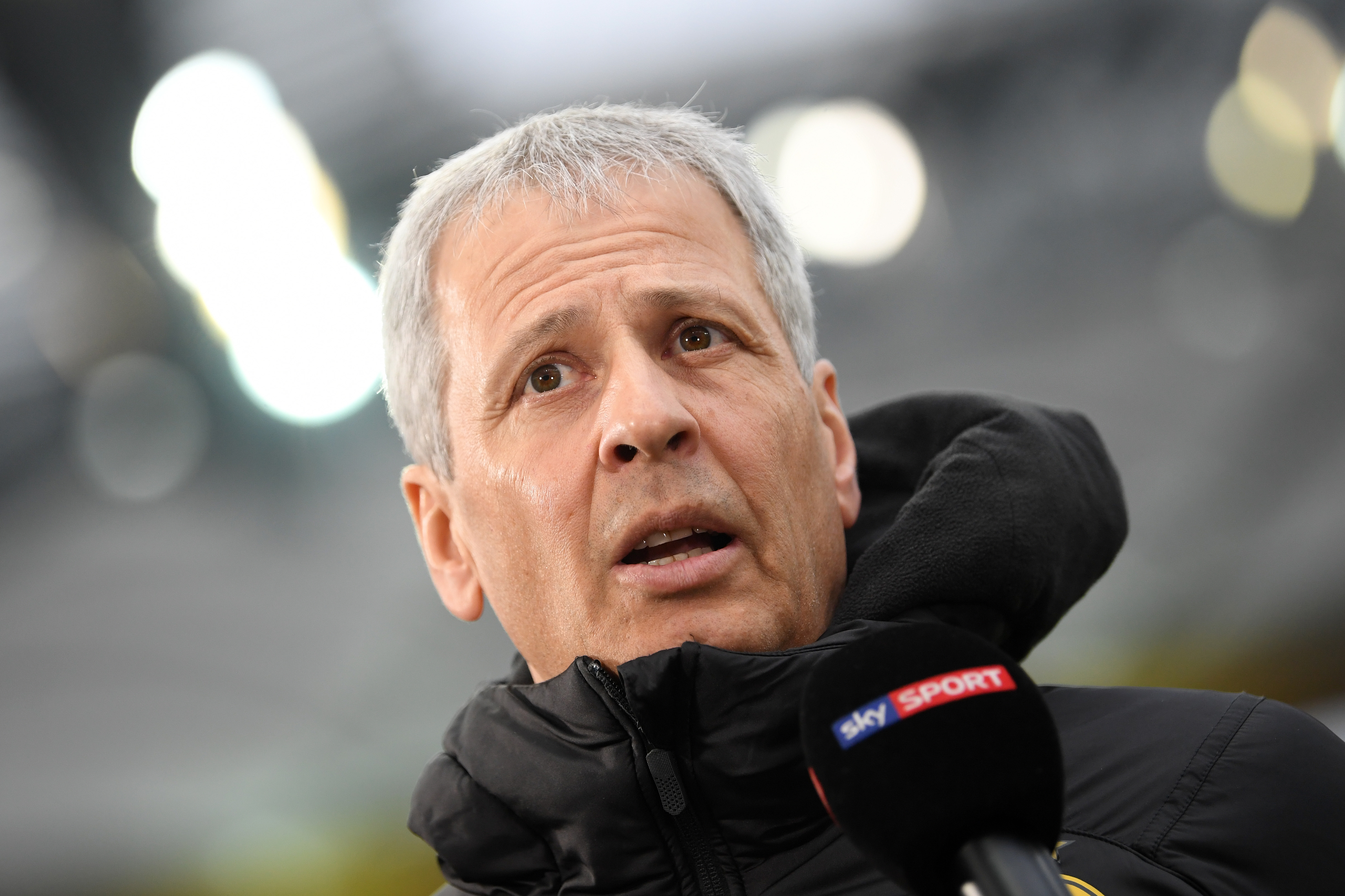 FRANKFURT AM MAIN, GERMANY - FEBRUARY 02:  Lucien Favre, Manager of Borussia Dortmund looks on prior to the Bundesliga match between Eintracht Frankfurt and Borussia Dortmund at Commerzbank-Arena on February 2, 2019 in Frankfurt am Main, Germany.  (Photo by Matthias Hangst/Bongarts/Getty Images)