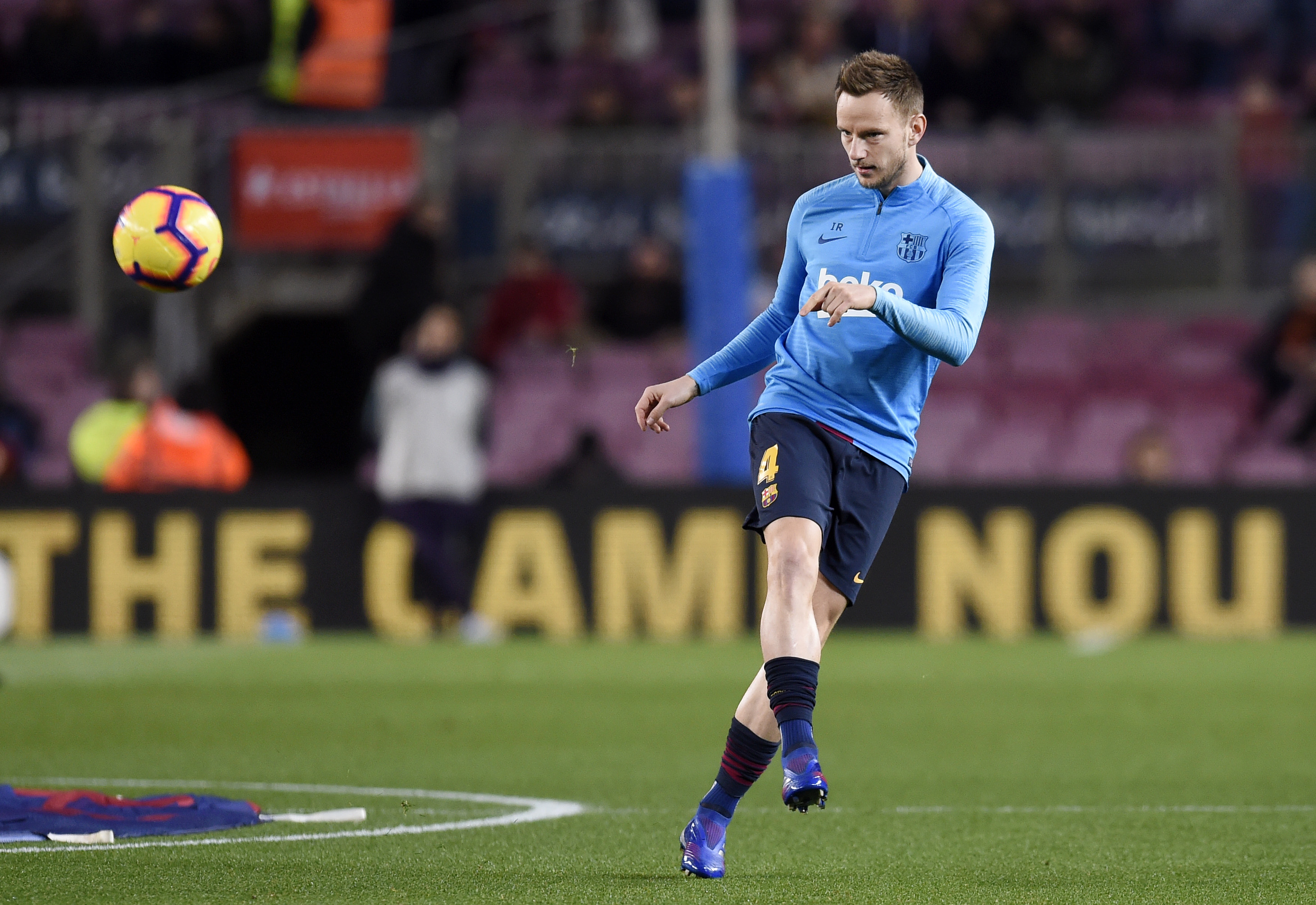 BARCELONA, SPAIN - FEBRUARY 02:  Ivan Rakitic of Barcelona warms up prior to the La Liga match between FC Barcelona and Valencia CF at Camp Nou on February 2, 2019 in Barcelona, Spain.  (Photo by Alex Caparros/Getty Images)
